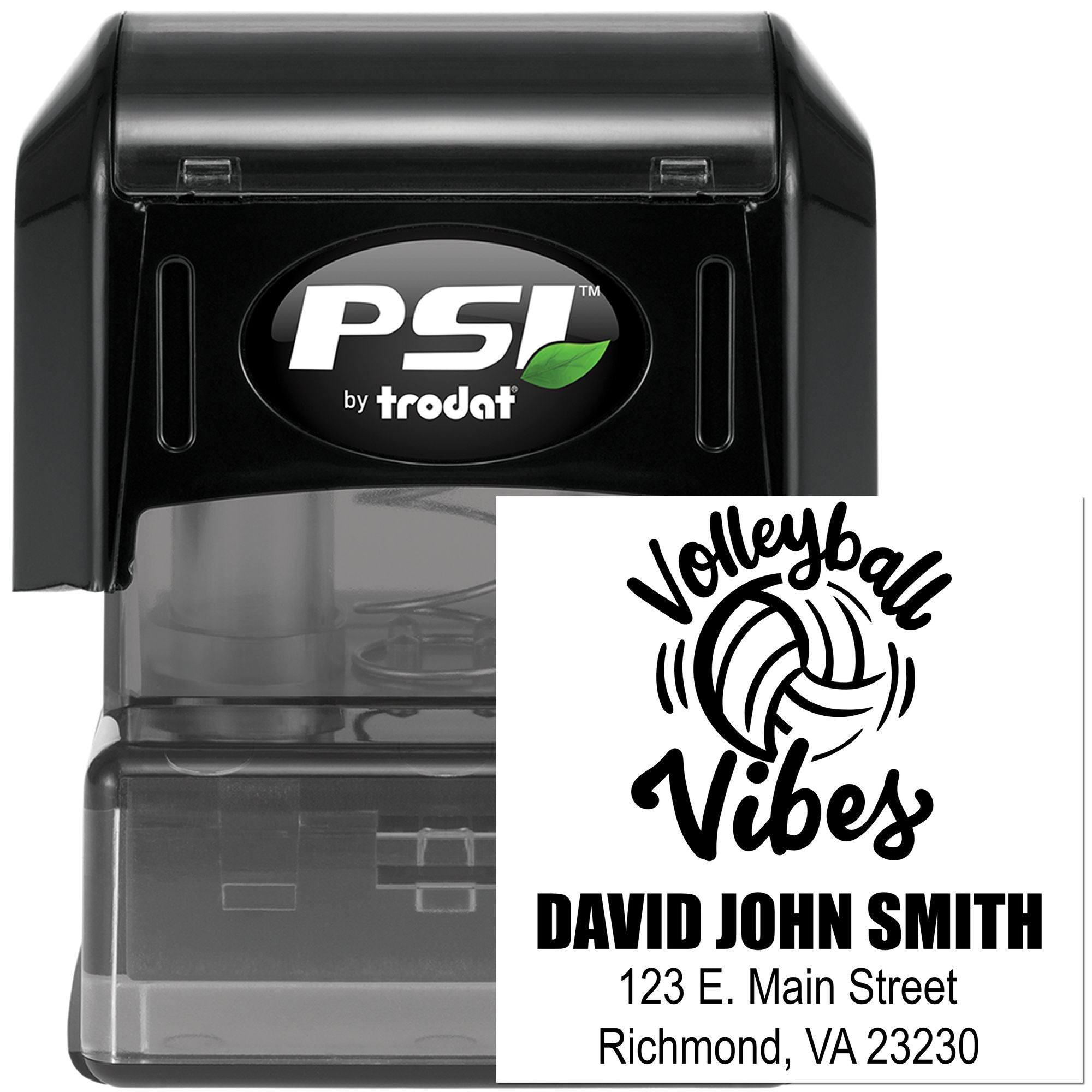 PSI by Trodat self-inking rubber stamp with custom volleyball return address design for personalized mail and branding