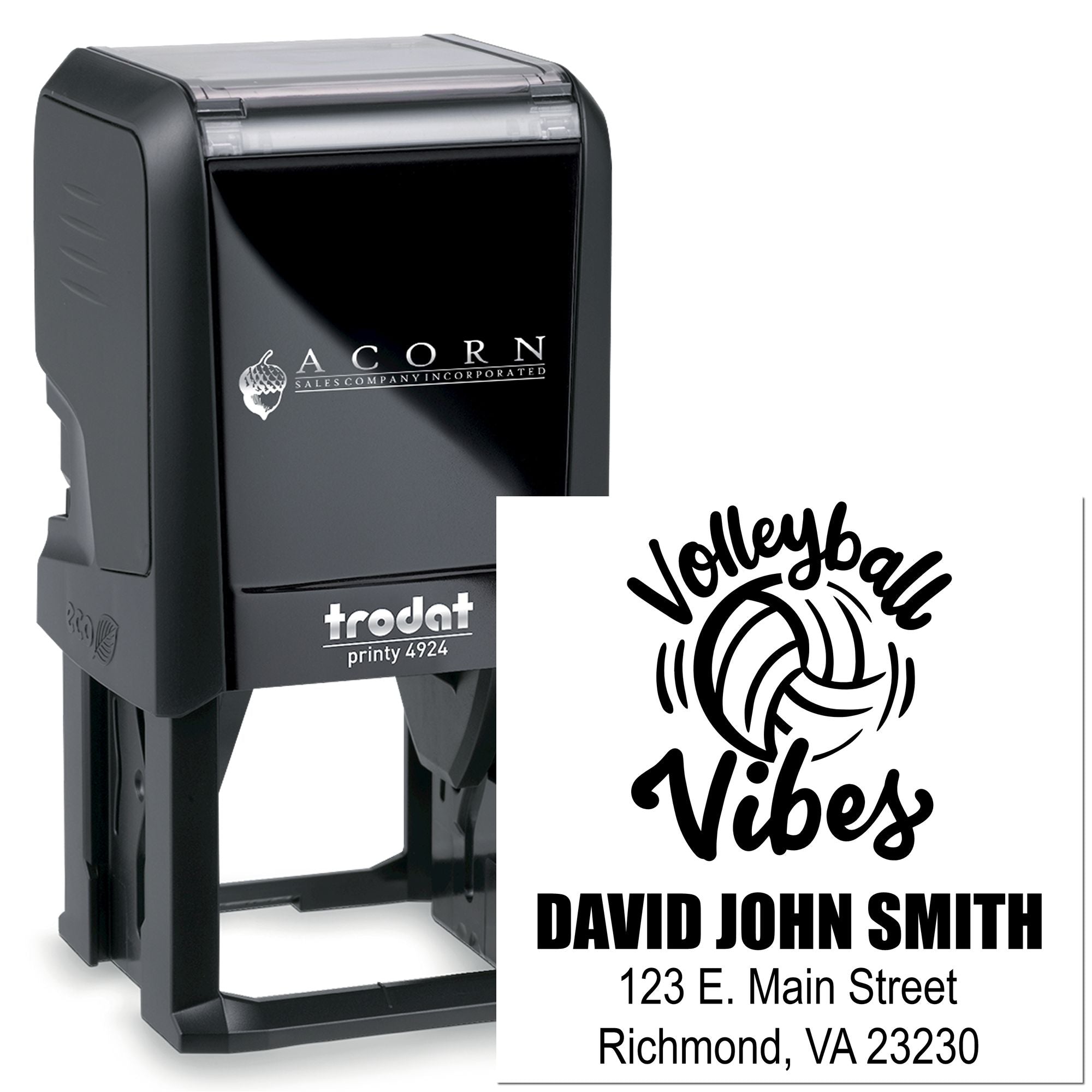 Custom self-inking rubber stamp with Volleyball Vibes logo, name, and address for personalized branding.