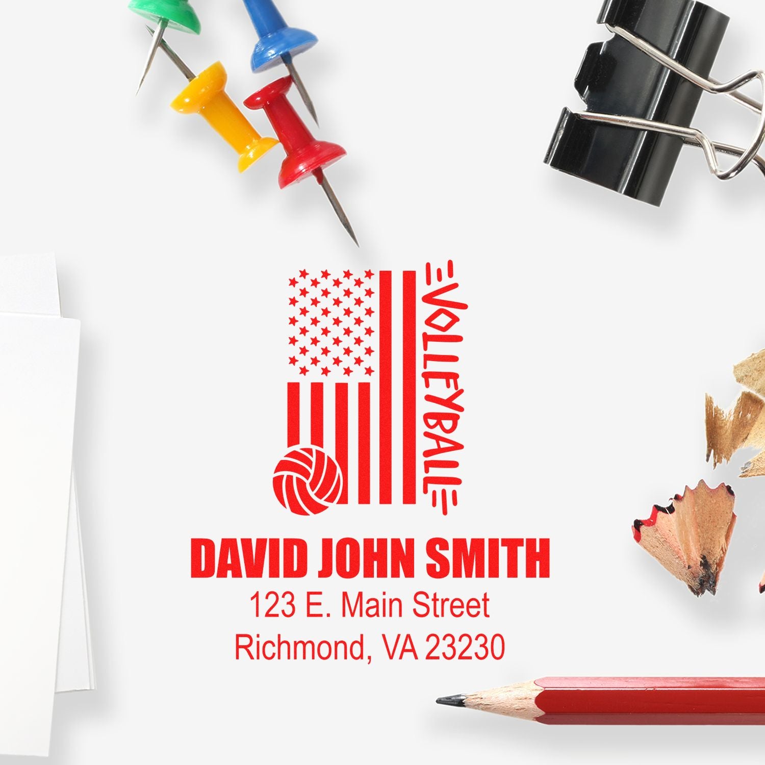 Personalized volleyball rubber stamp with return address for David John Smith, Richmond, VA 23230.