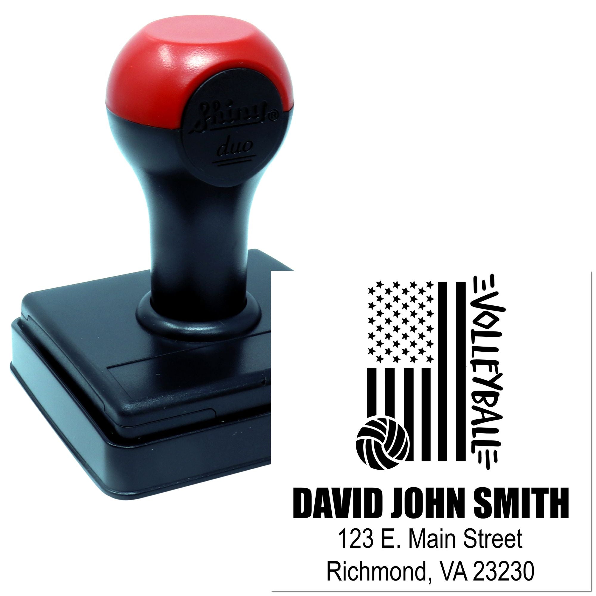 Personalized self-inking rubber address stamp with volleyball design, David John Smith, Richmond, VA return address.
