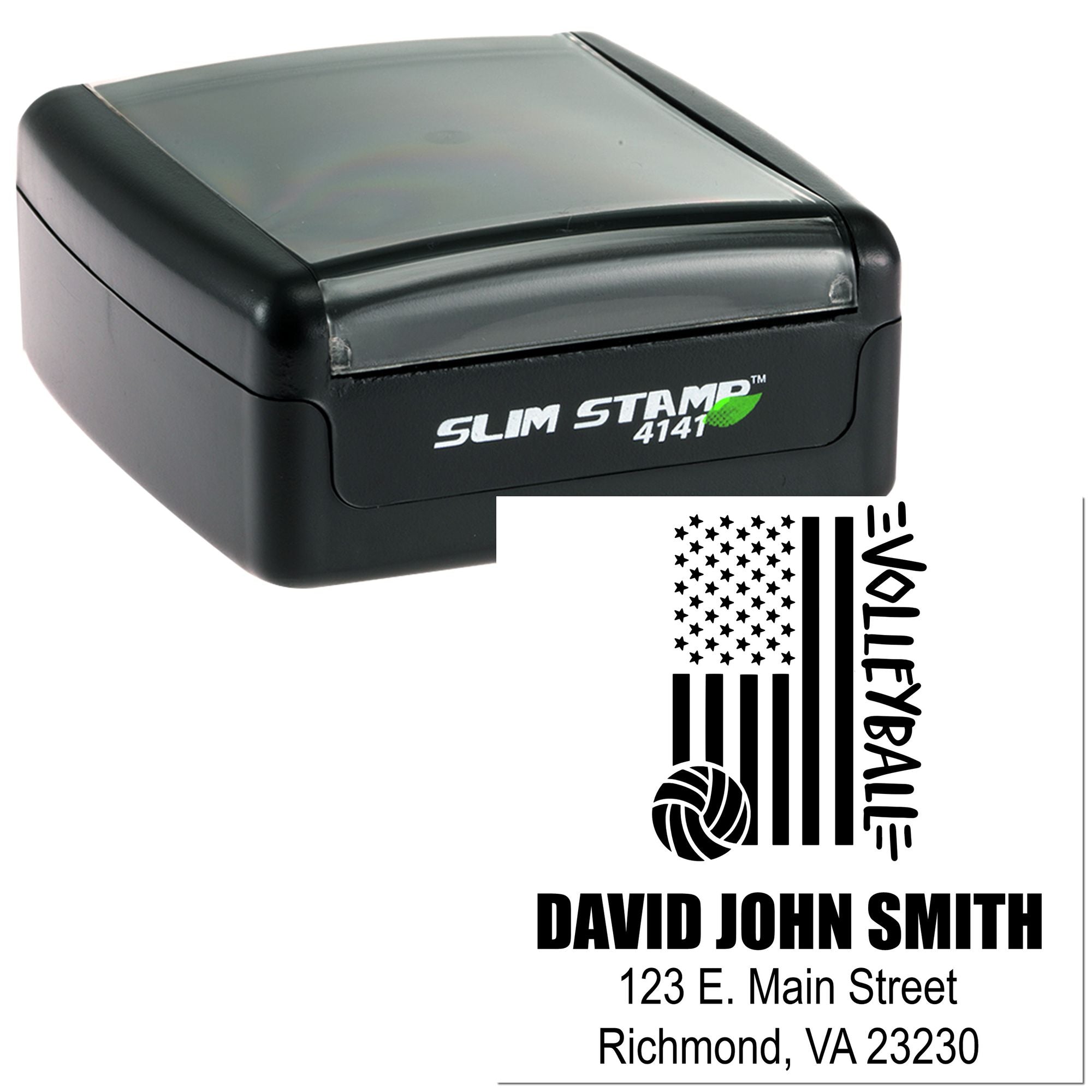 Custom self-inking rubber stamp with volleyball logo, name, and Richmond VA mailing address for personalized mailing.