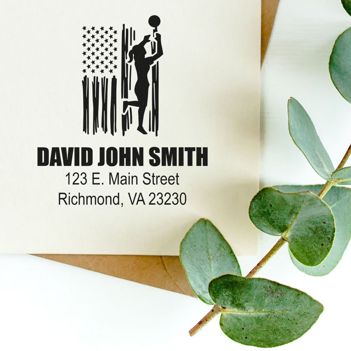 Personalized return address rubber stamp with patriotic golfer design, for David John Smith, Richmond, VA address.