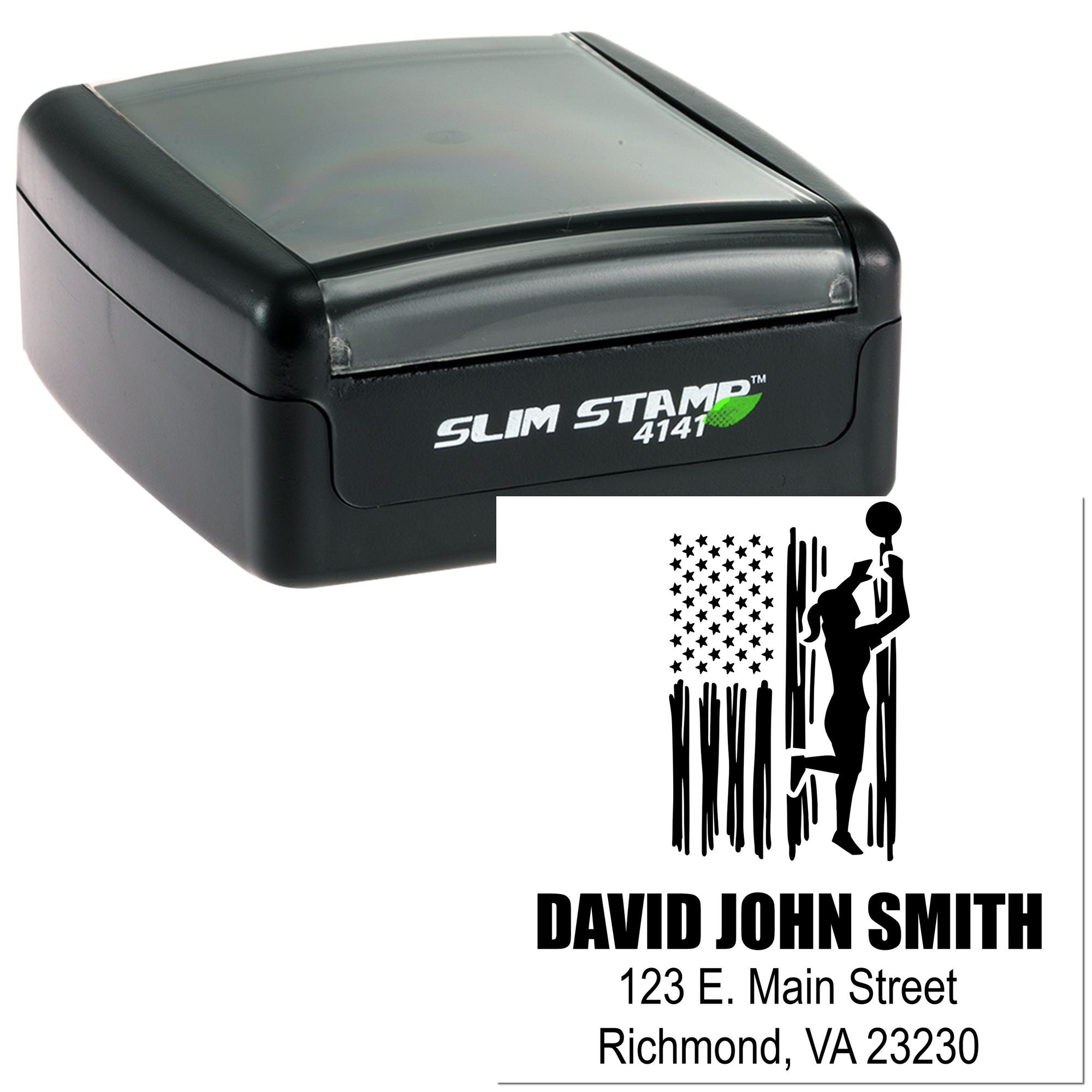 Custom self-inking rubber address stamp with name and address imprint for David John Smith, Richmond, VA.