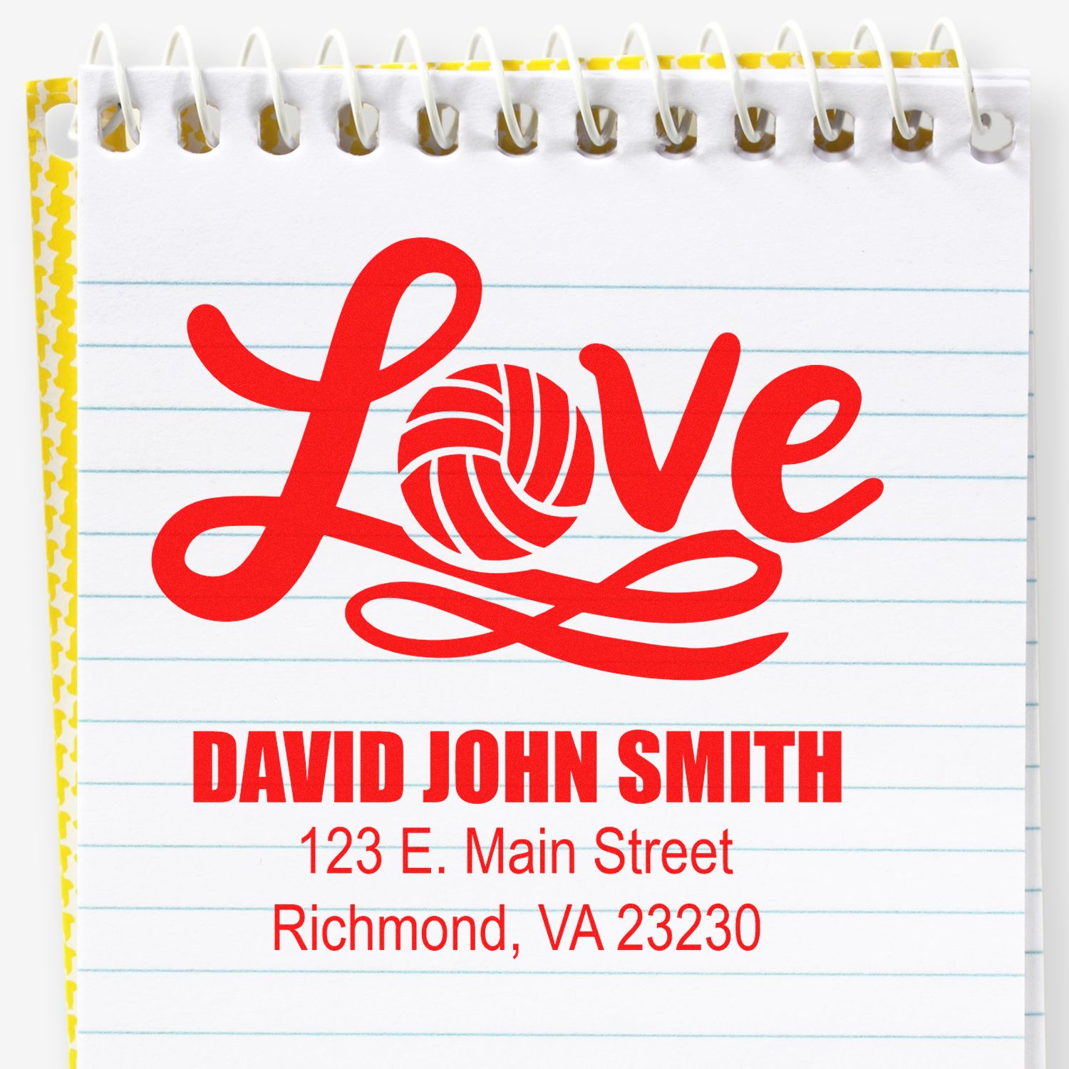 Custom return address rubber stamp with Love design, David John Smith, and Richmond, VA address.