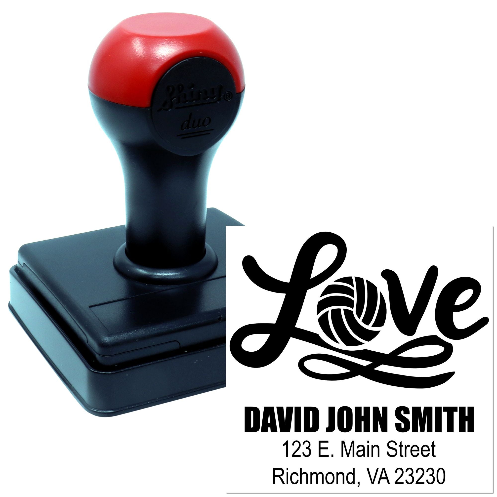 Custom self-inking rubber stamp with Love design, personalized name and address for wedding or business branding.