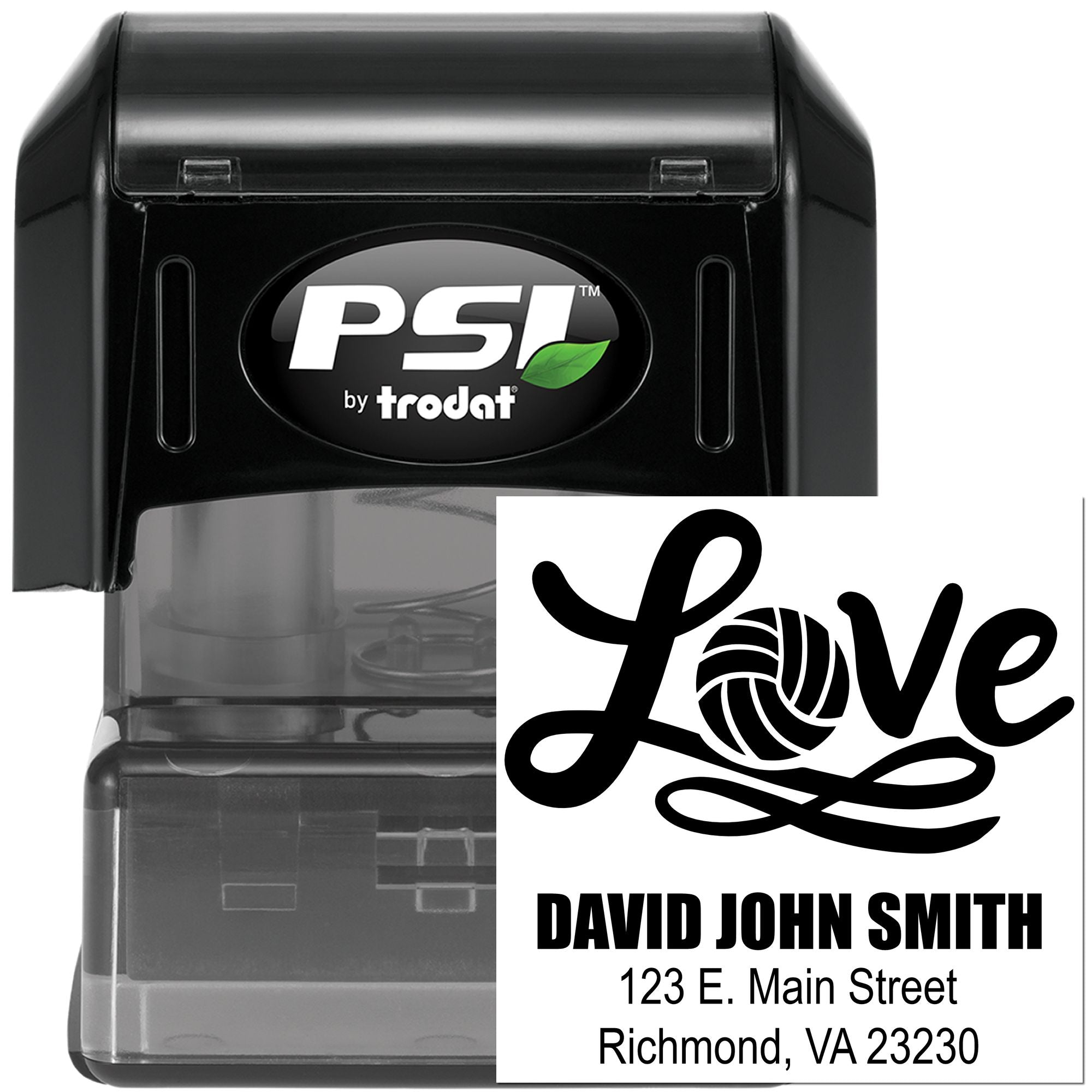 Custom self-inking PSI by Trodat address stamp with Love design for personalized mailing.