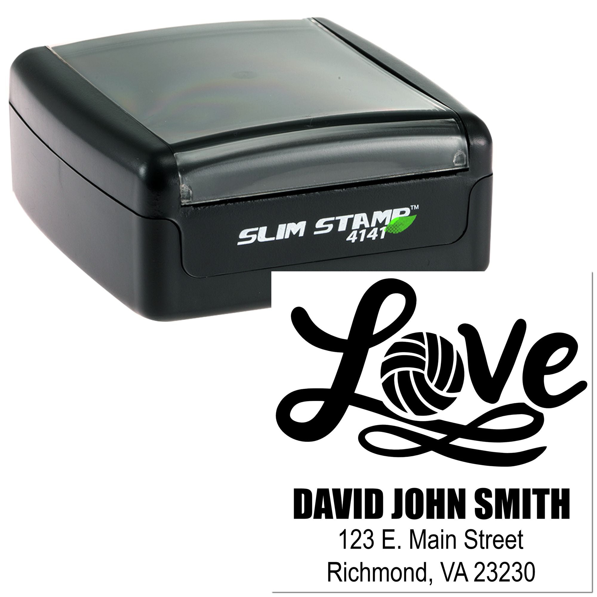 Custom self-inking rubber stamp with Love design and return address, Slim Stamp 4141 personalized for David John Smith