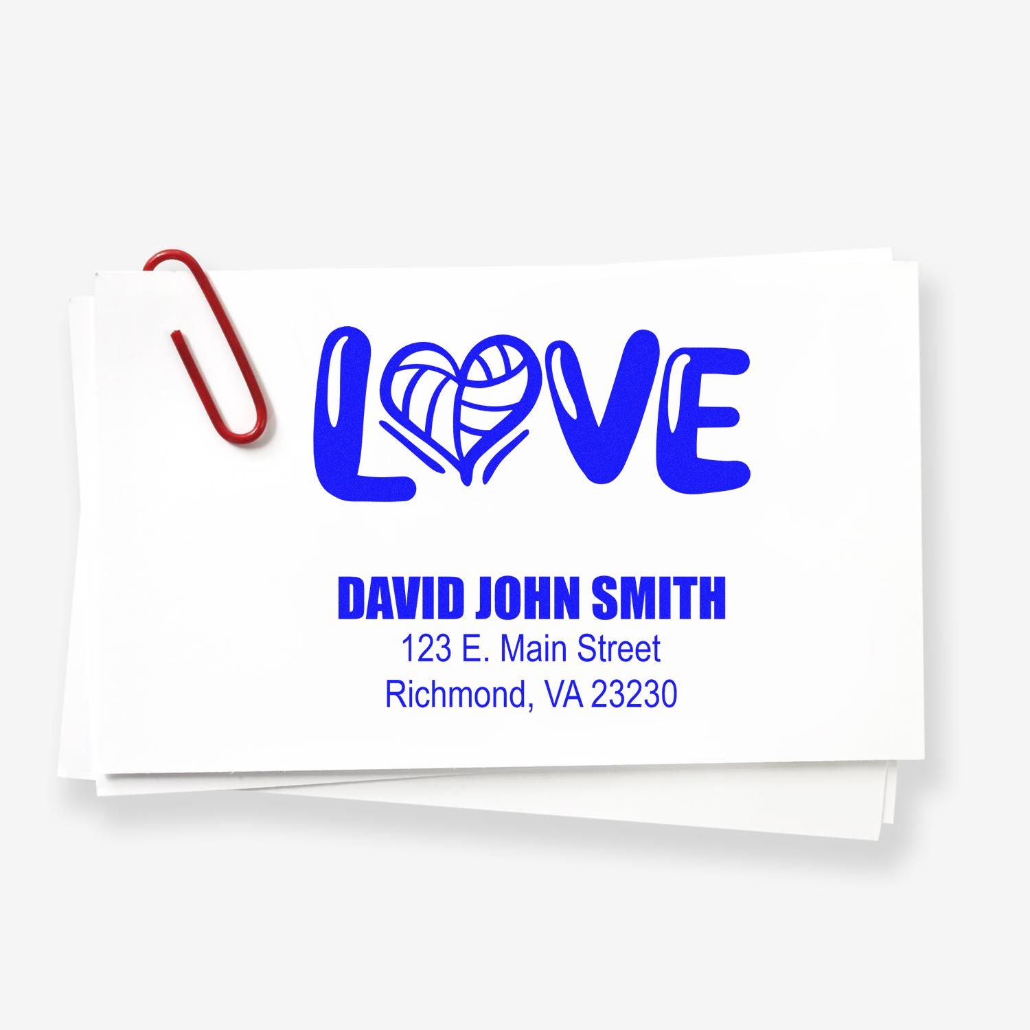 Custom rubber stamp with LOVE heart design, personalized address stamp for David John Smith, Richmond, VA.
