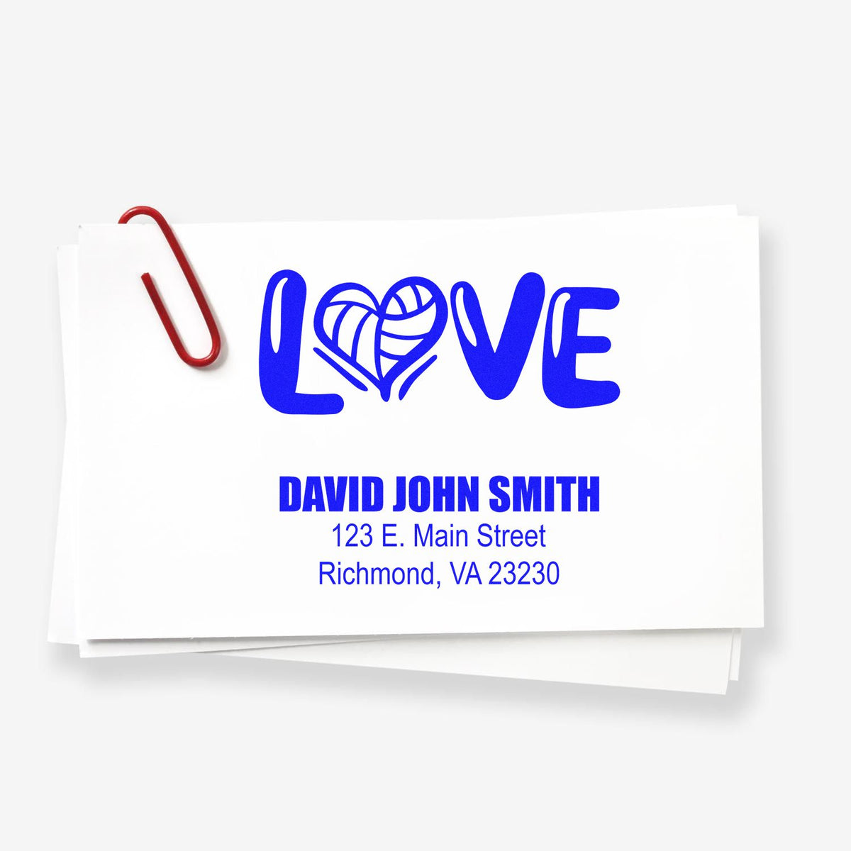 Custom rubber stamp with LOVE heart design and return address for David John Smith, Richmond, VA