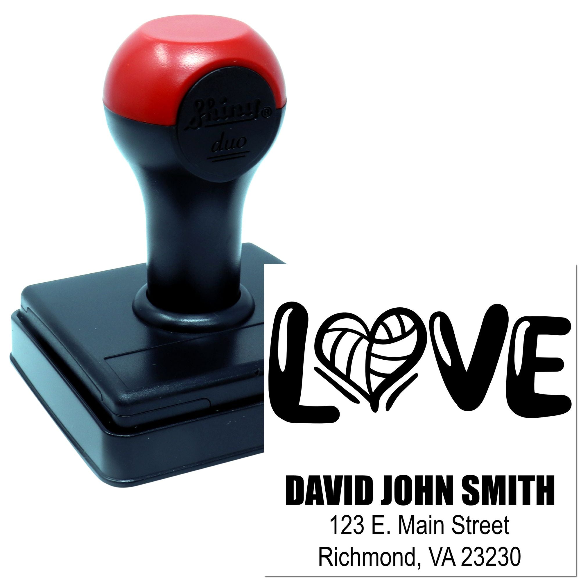 Personalized self-inking love address rubber stamp with custom name and Richmond, VA address.