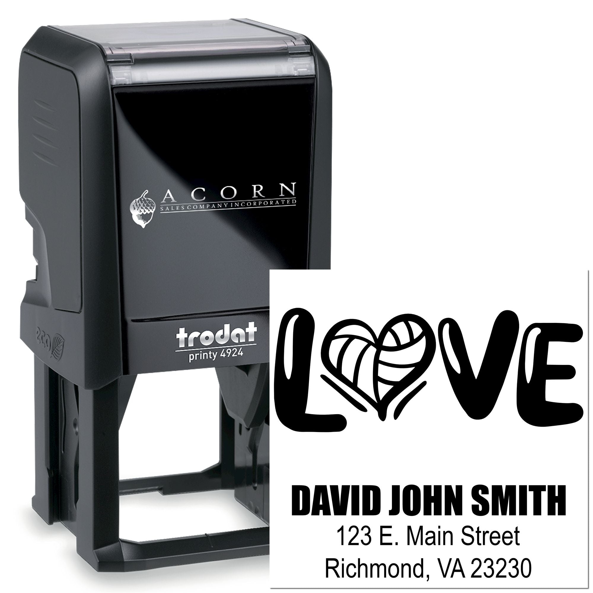 Custom self-inking rubber stamp with LOVE design, name, and address for personalized mailing and wedding stationery.