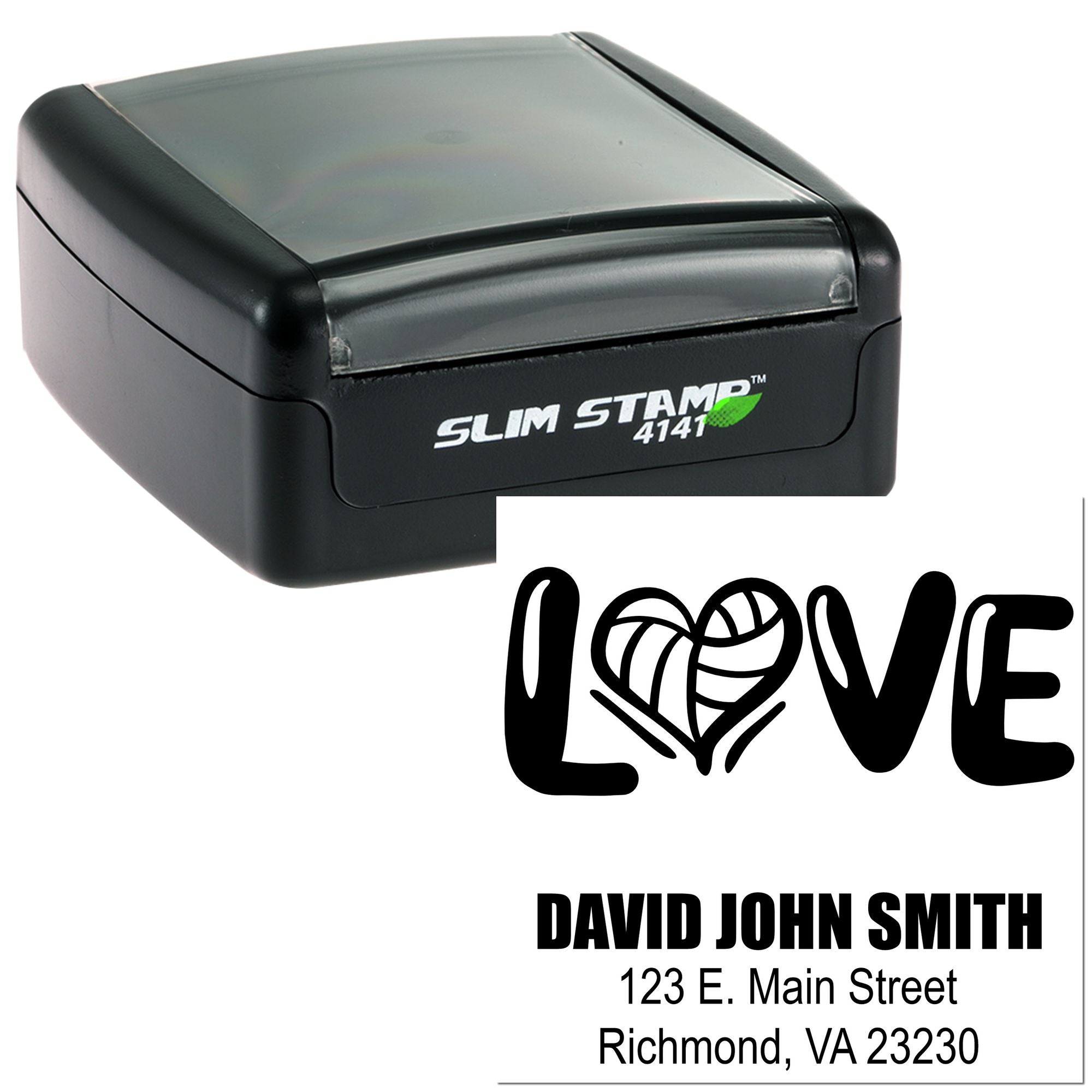 Slim Stamp custom self-inking rubber stamp with LOVE design and return address for David John Smith, Richmond VA.