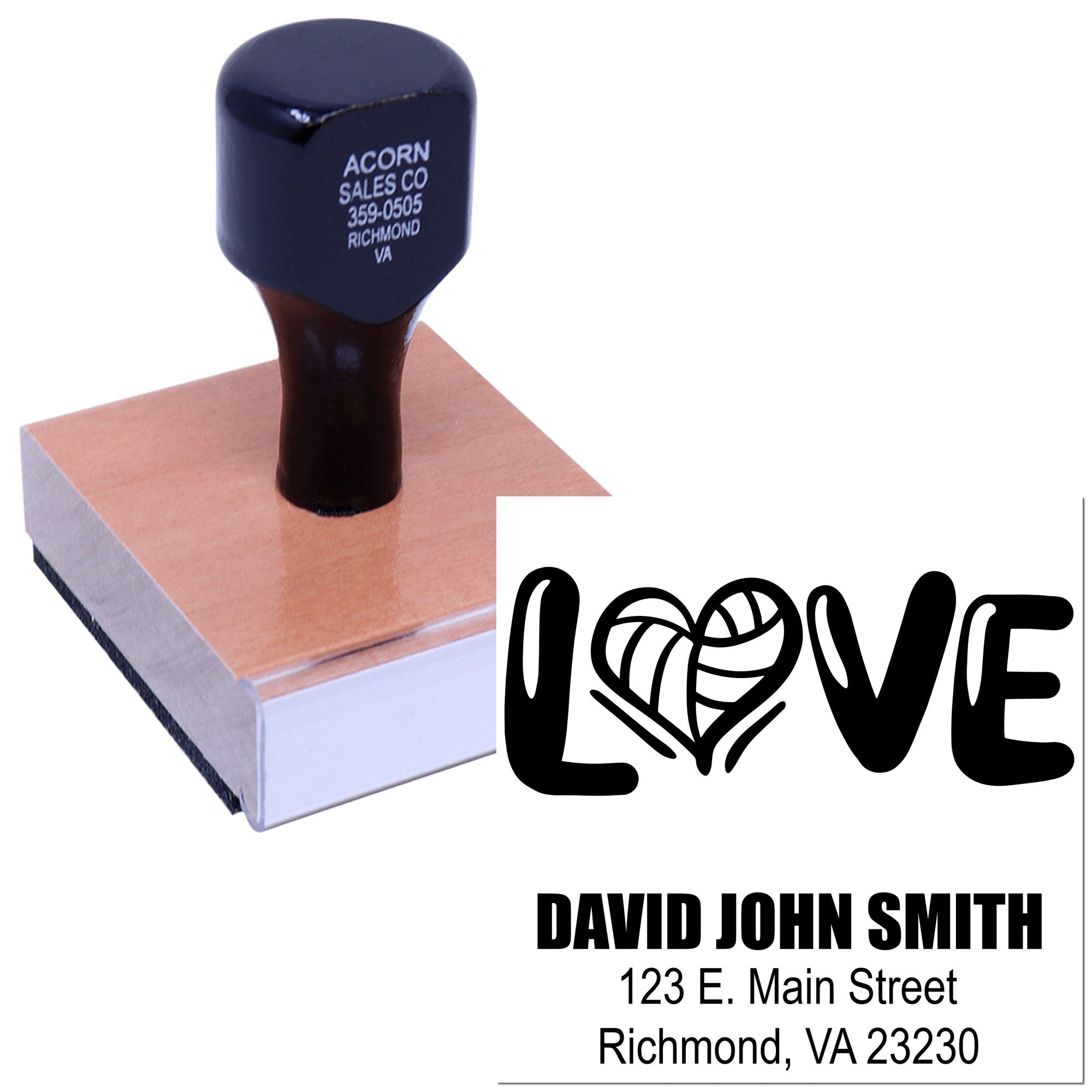 Custom rubber stamp with LOVE design and return address for personalized wedding invitations and mailing.