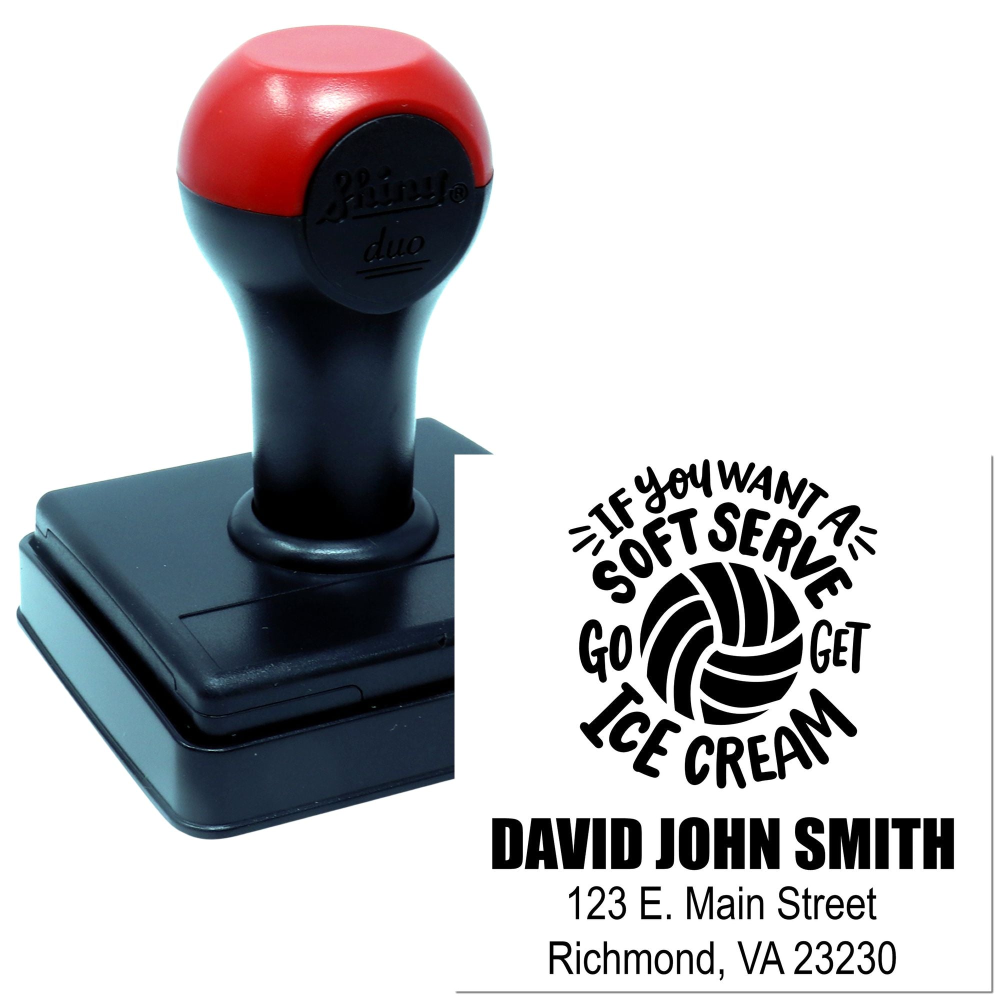 Custom self-inking rubber stamp for business branding, with personalized name, address, and logo imprint.
