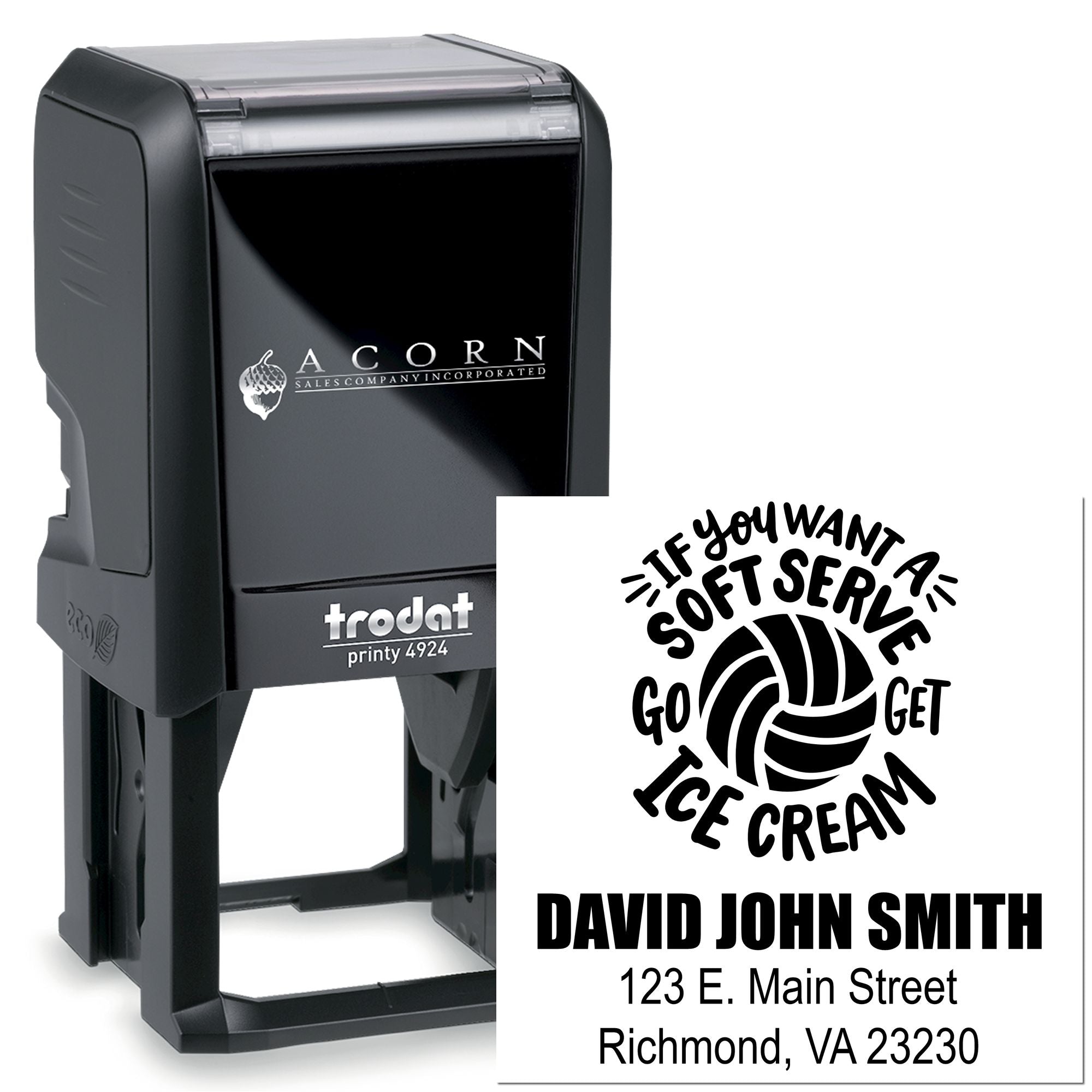 Trodat self-inking custom rubber stamp with logo, name, and address for business branding and mailing.