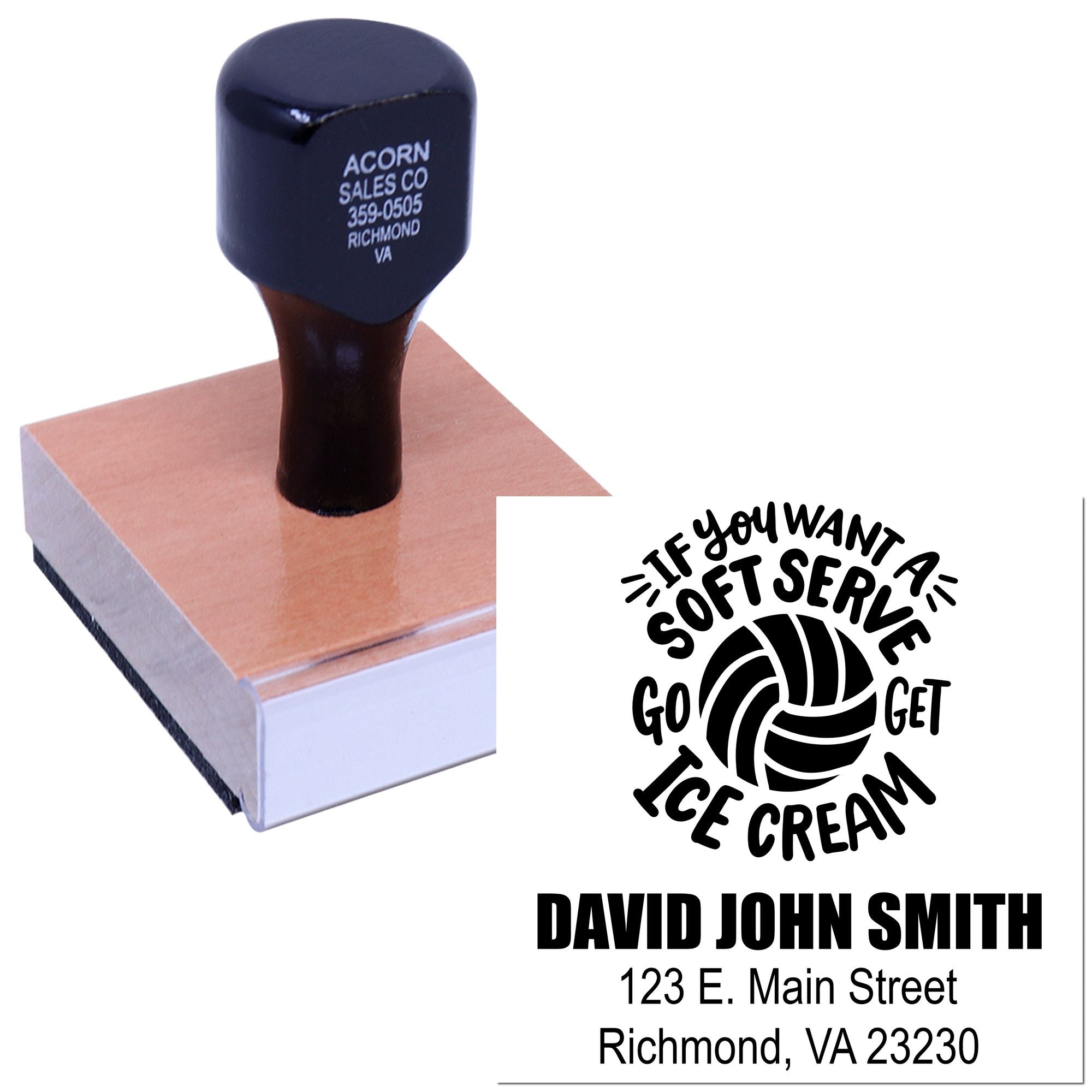 Custom self-inking rubber stamp for business logos and return addresses, shown with a personalized stamp and sample imprint.