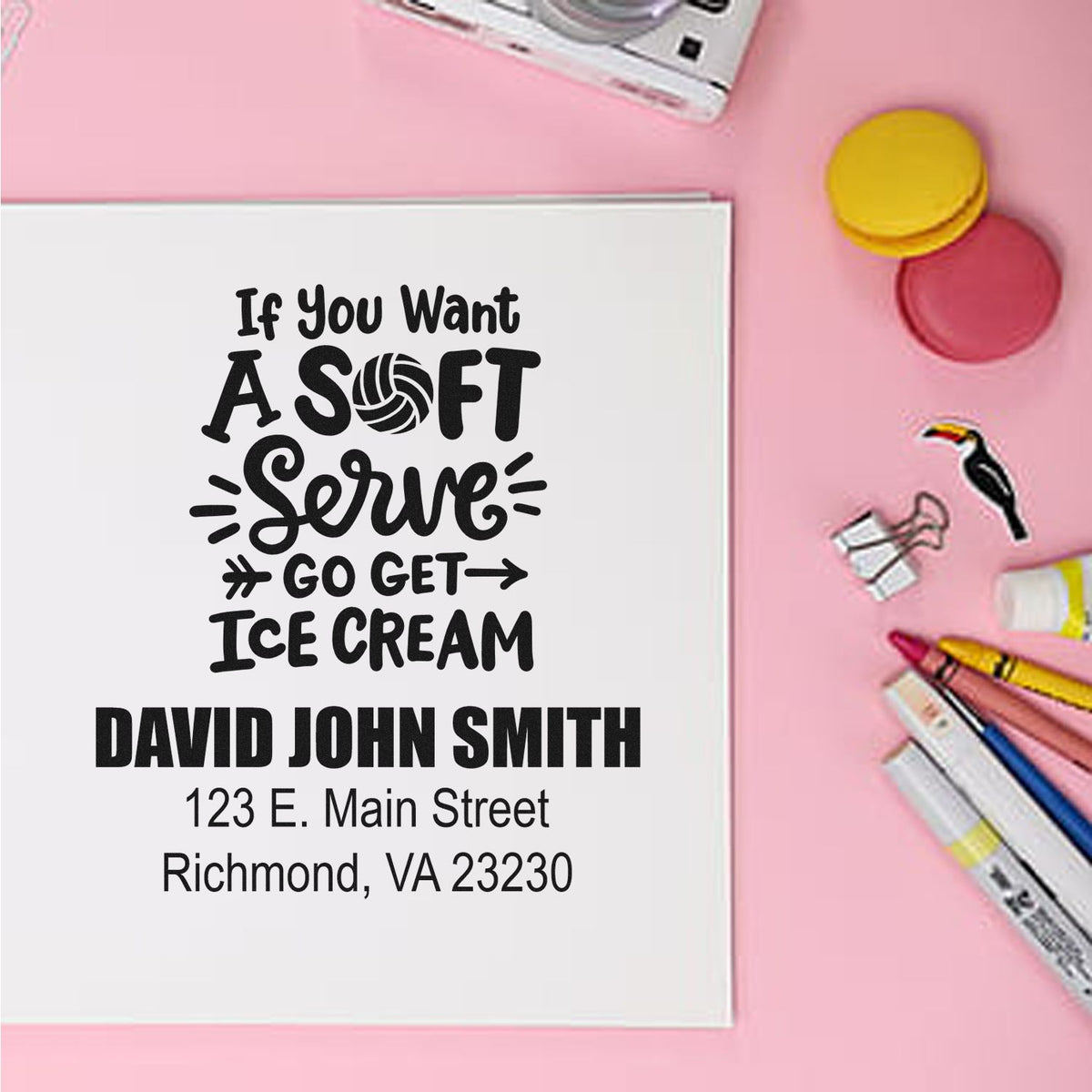 Custom rubber stamp with soft serve ice cream quote, name, and address for personalized mailing or packaging.