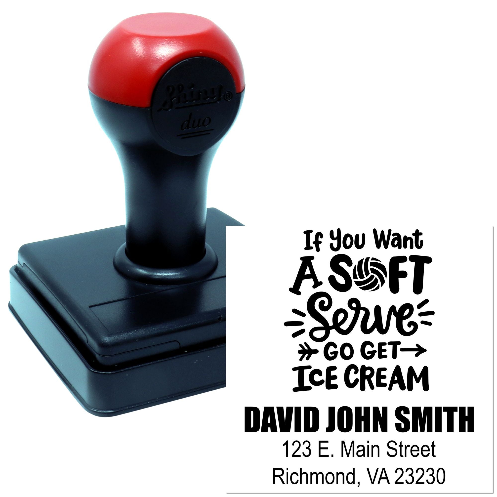 Custom self-inking rubber stamp with soft serve ice cream design and business address for David John Smith, Richmond, VA.