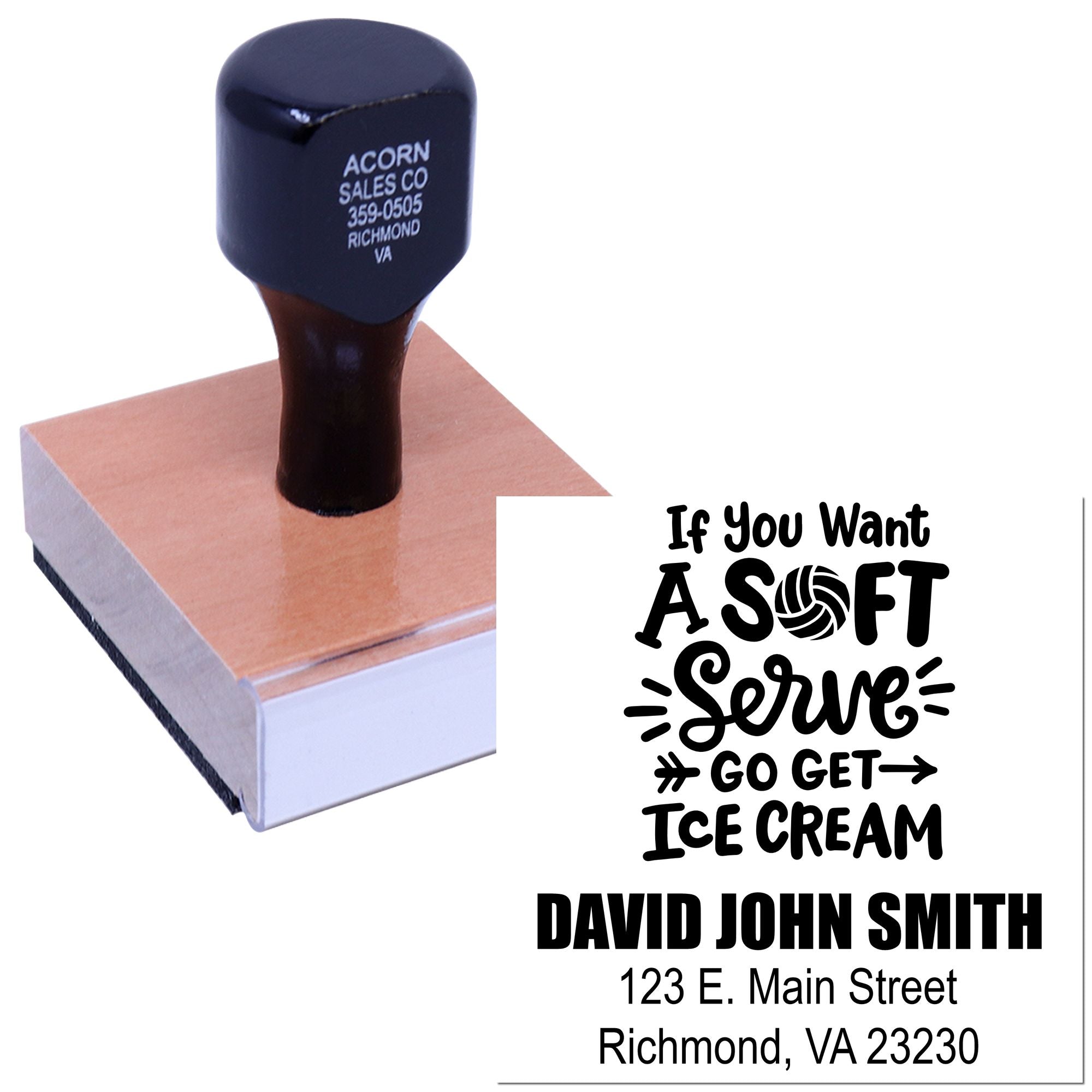 Custom self-inking rubber stamp with personalized soft serve ice cream message, name, and address imprint