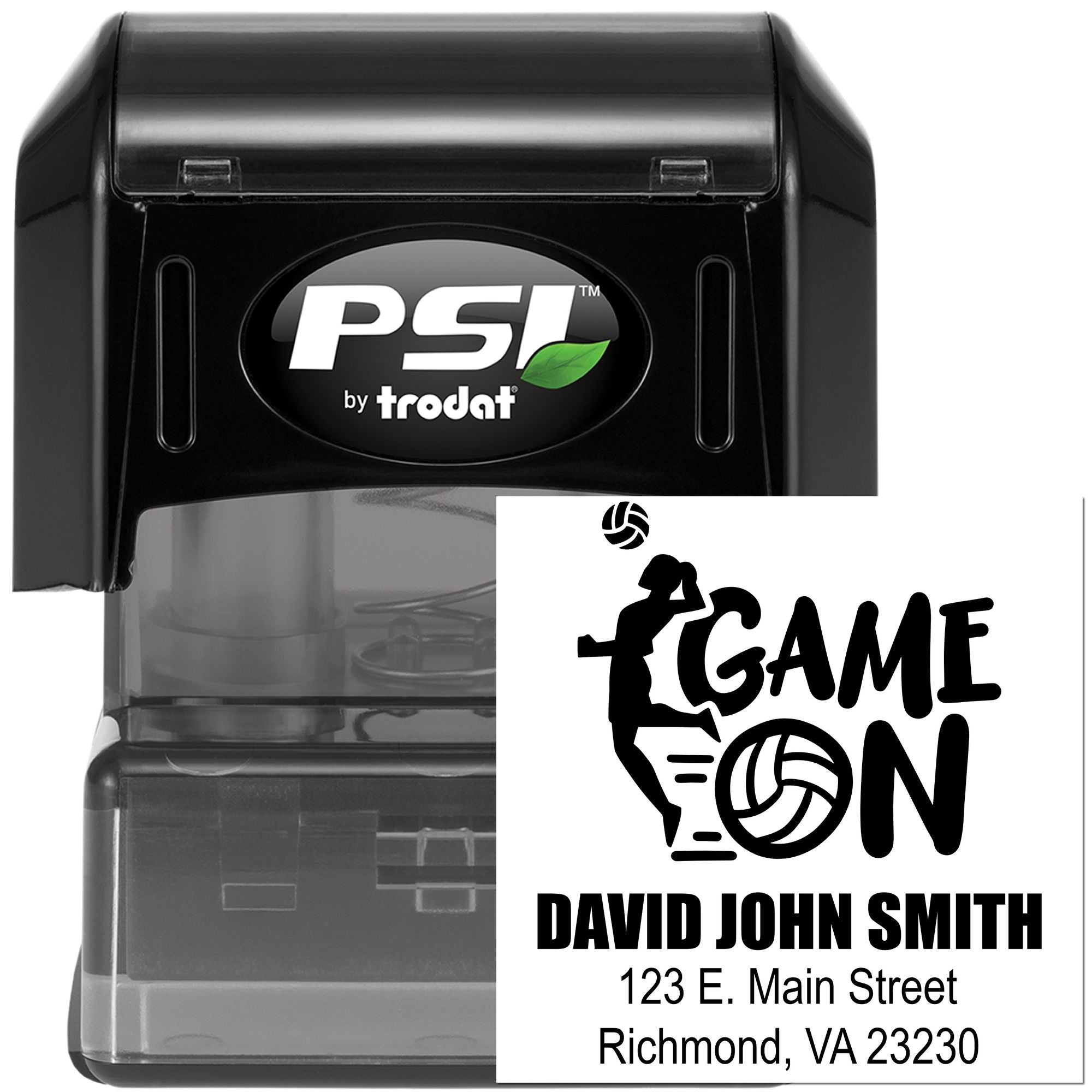 Custom self-inking rubber stamp by PSI Trodat for volleyball, featuring GAME ON logo, name, and address imprint.