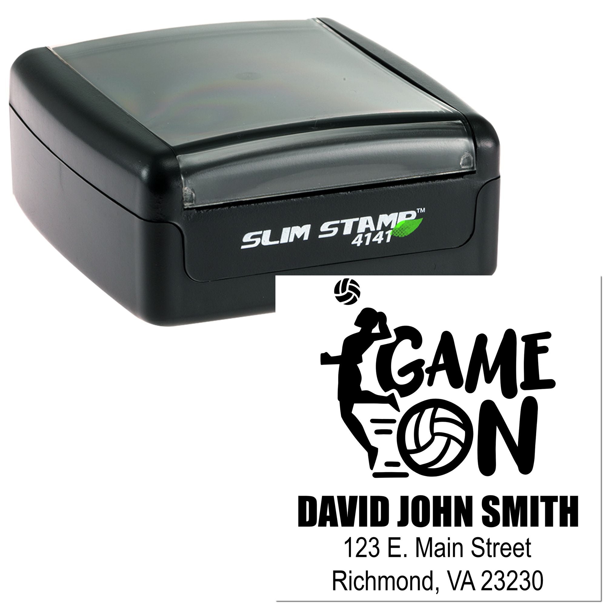 Custom self-inking rubber stamp with Game On volleyball return address design, name, and address.