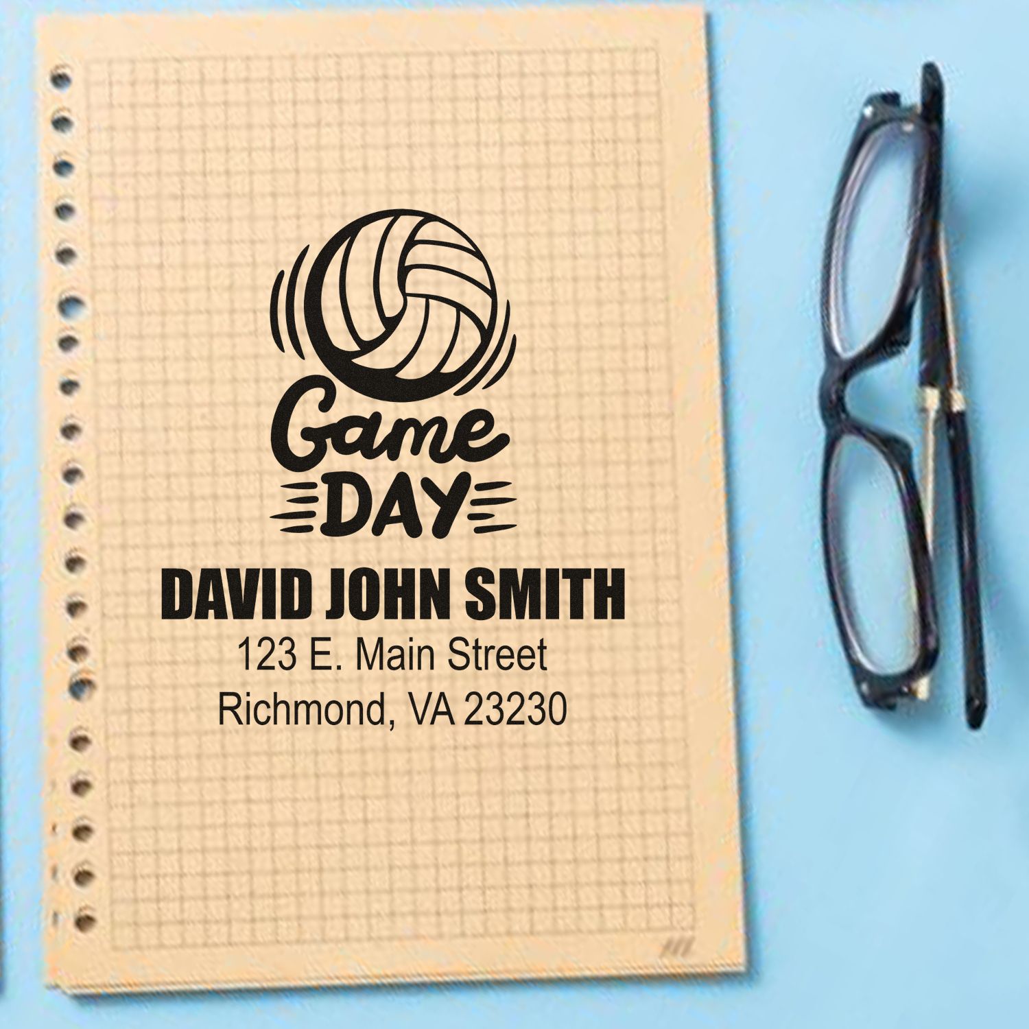 Custom volleyball Game Day rubber stamp with personalized name and address for stationery and team mailings