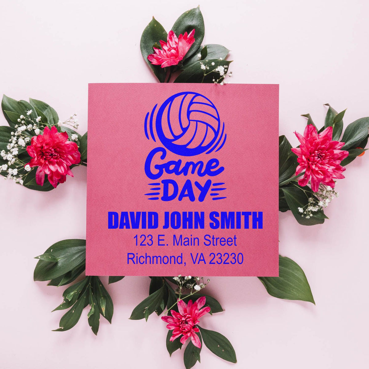 Custom Game Day rubber stamp with volleyball design, personalized name, and address for sports mailings or packaging.