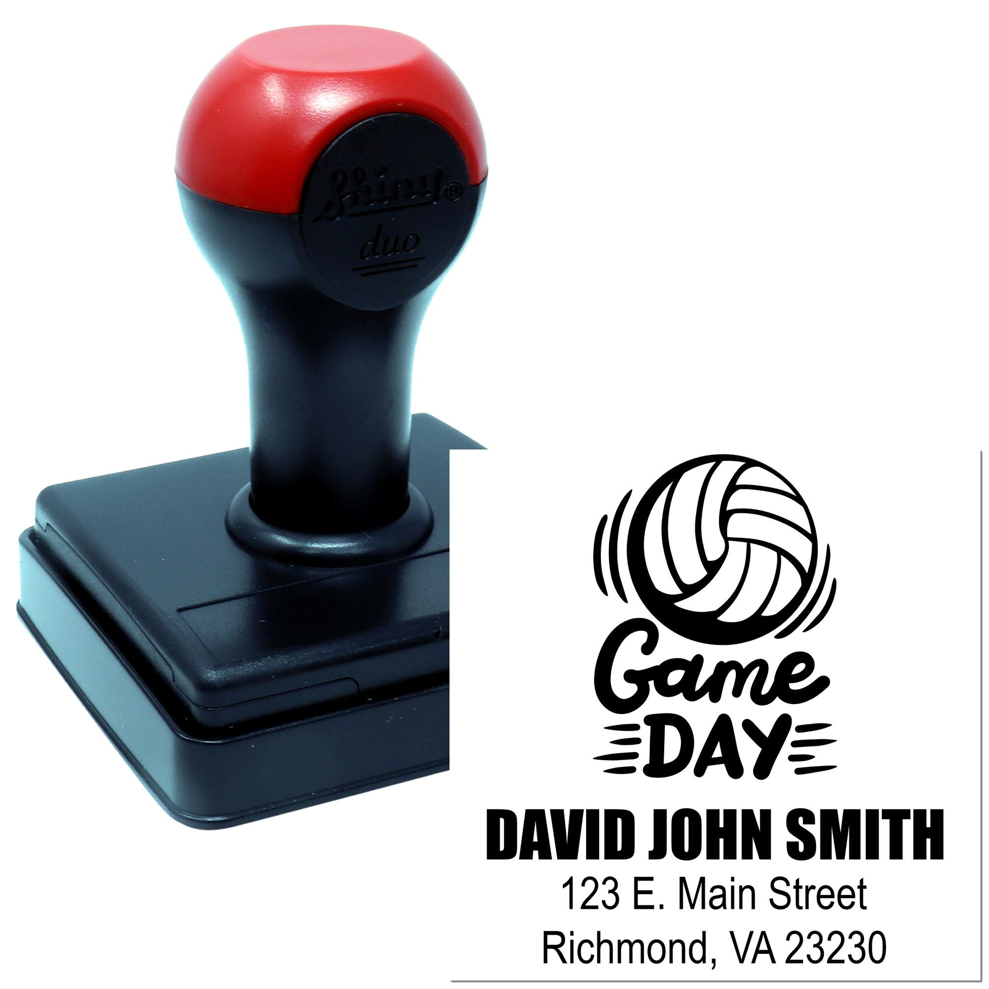 Custom self-inking rubber stamp with volleyball Game Day logo and return address for David John Smith.