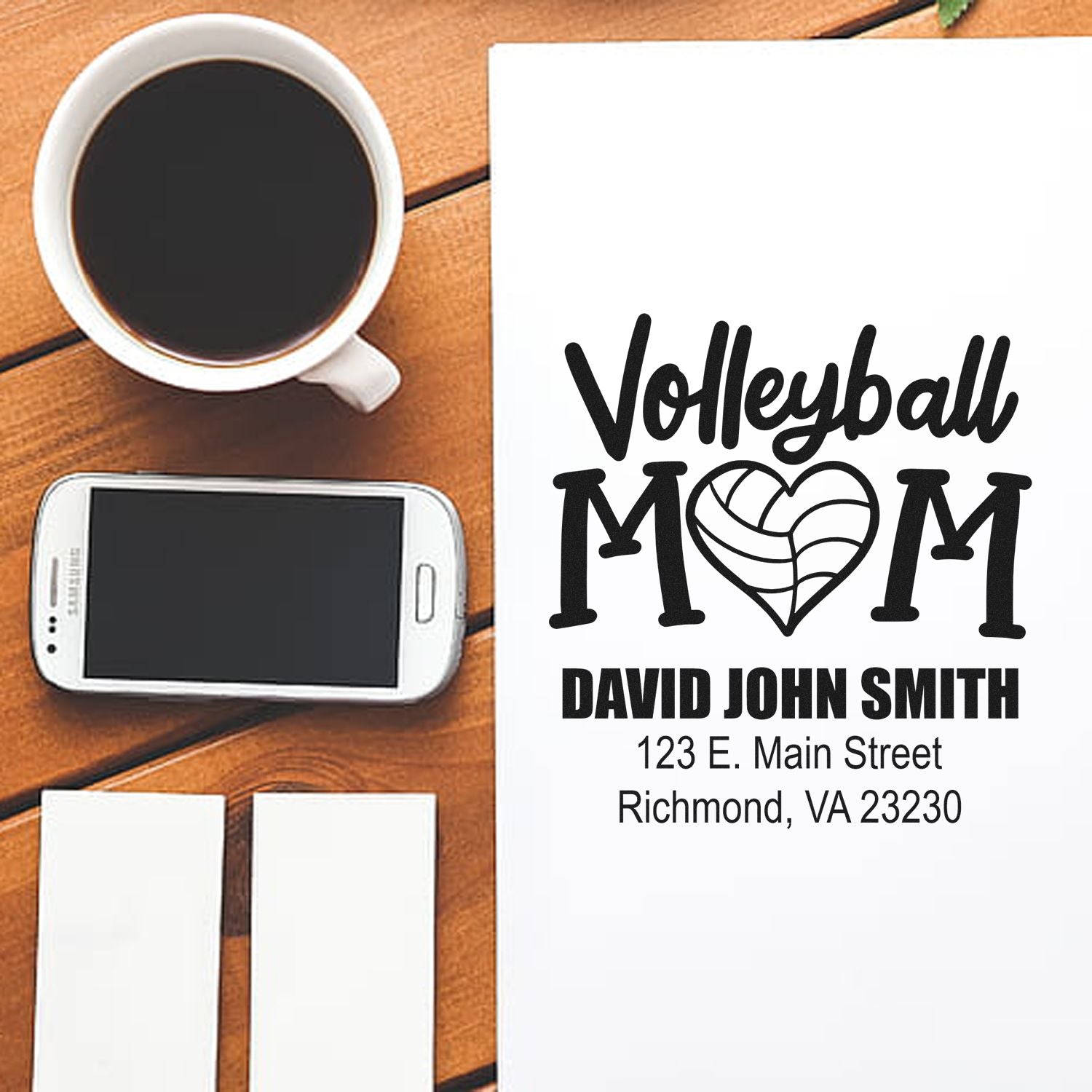 Personalized volleyball mom return address rubber stamp design with name and address for custom stationery and gifts.