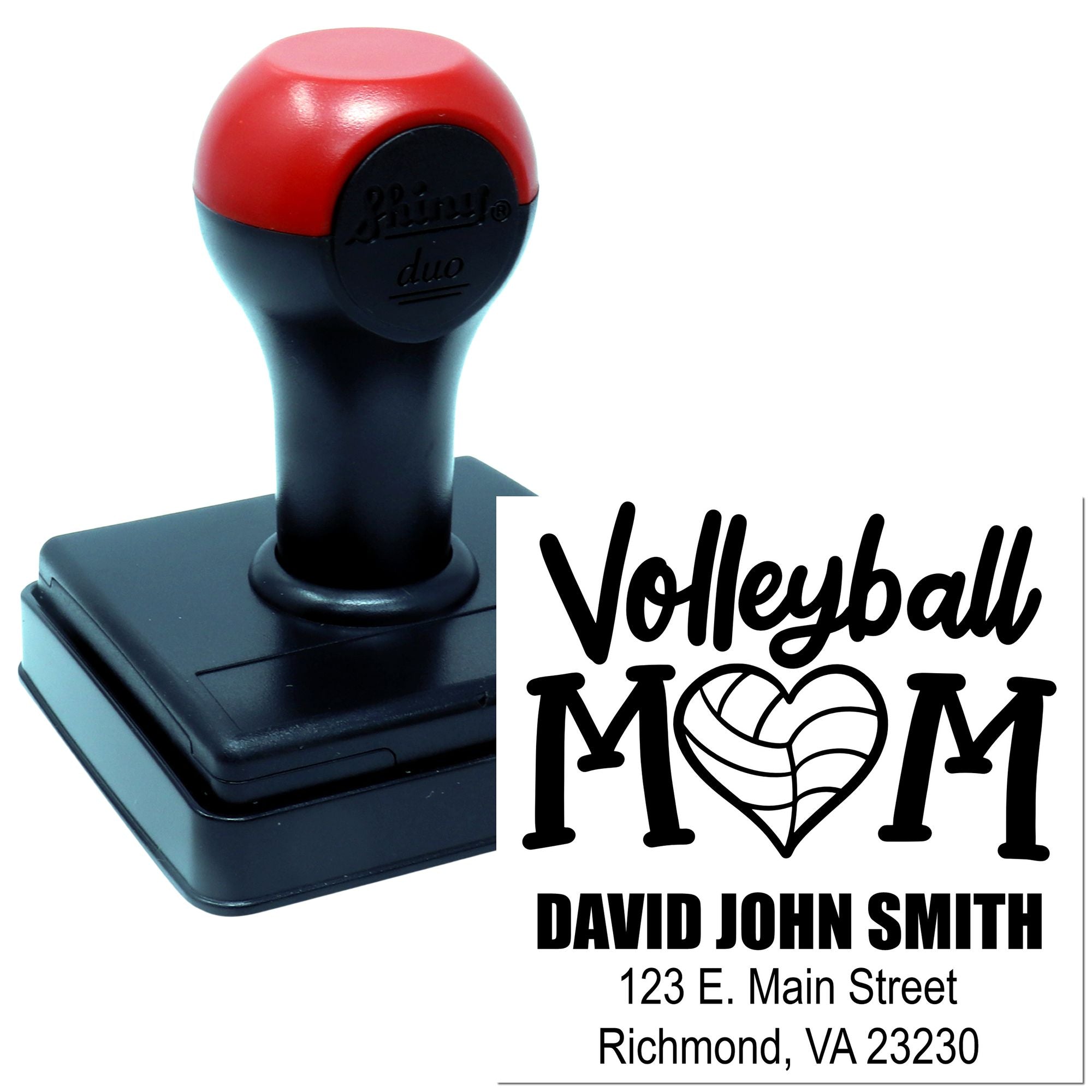 Personalized self-inking rubber stamp for Volleyball Mom, featuring custom name and address for return address use.