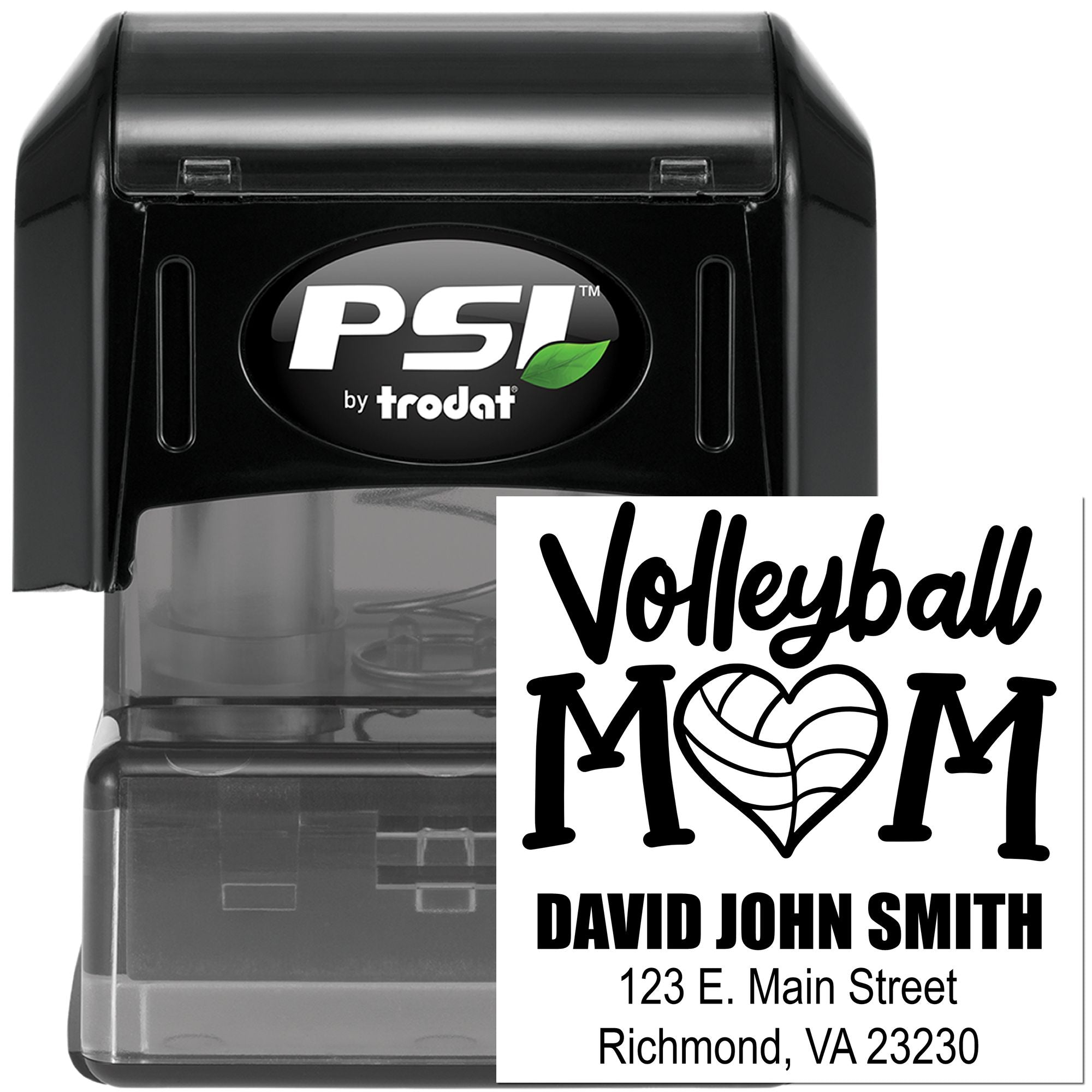 Custom self-inking rubber stamp by PSI Trodat with personalized Volleyball Mom design, name, and address for mailing and crafts.