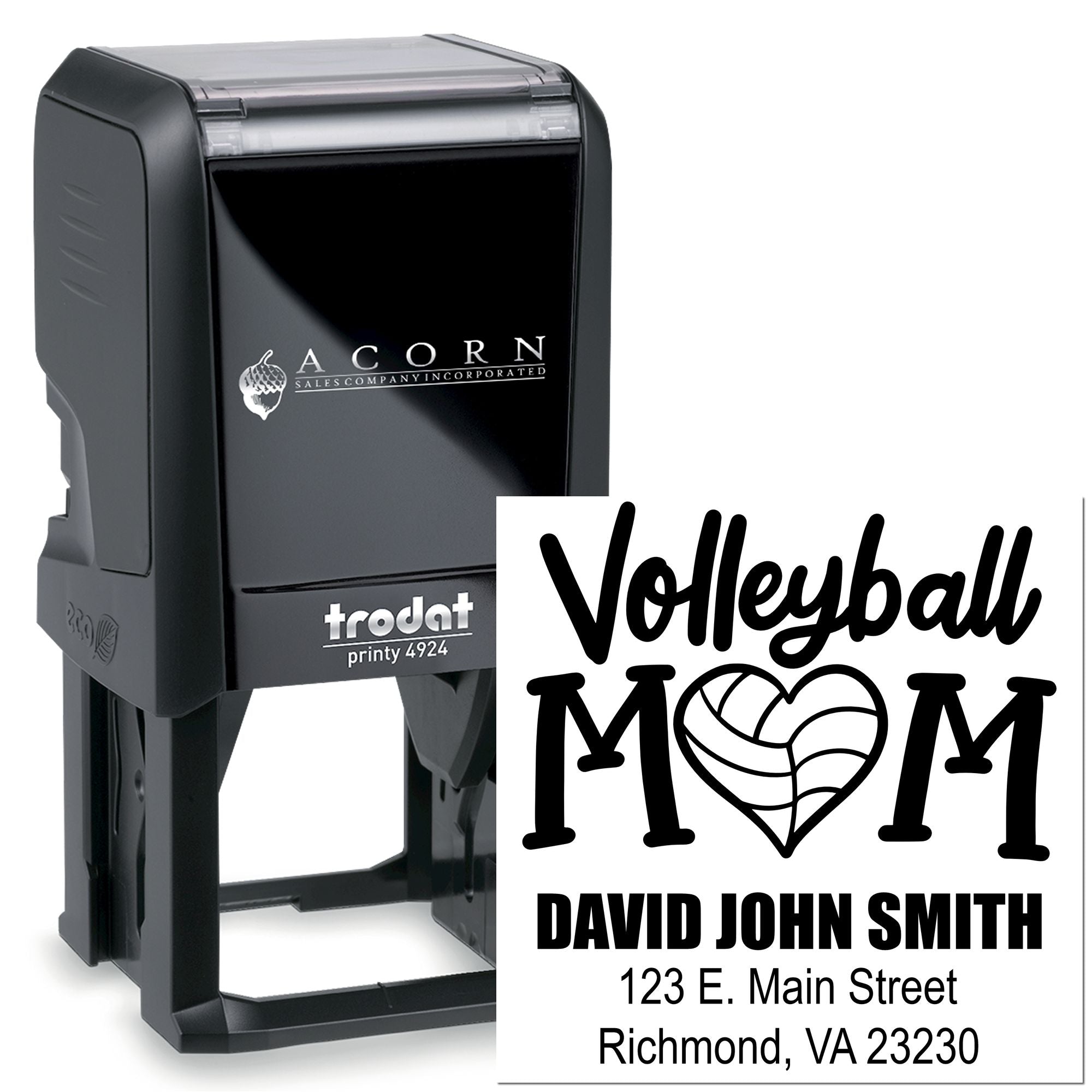 Custom Trodat Printy 4924 self-inking rubber stamp with Volleyball Mom design, name, and address imprint.