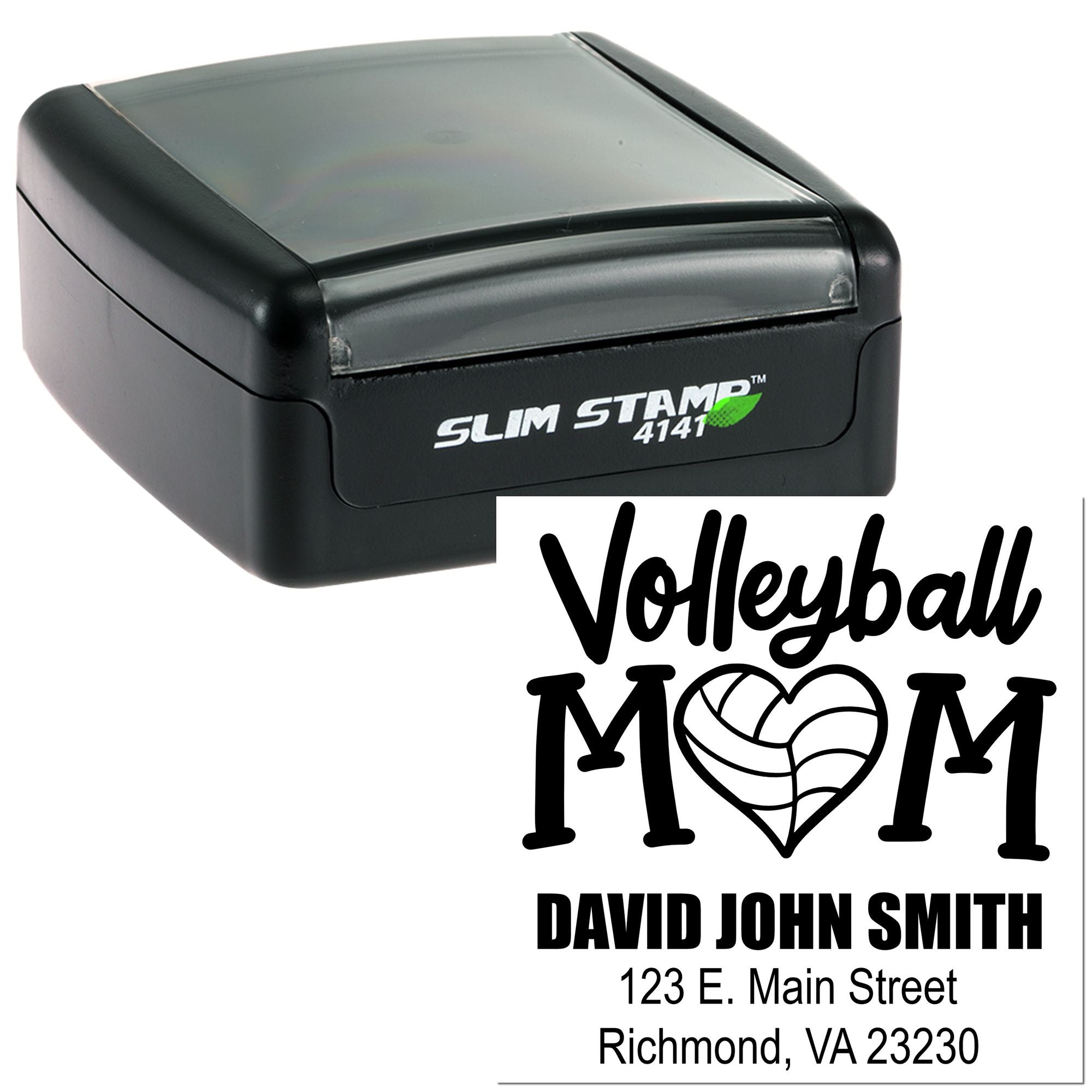 Custom self-inking rubber stamp for Volleyball Mom return address, personalized with name, street address, and city.