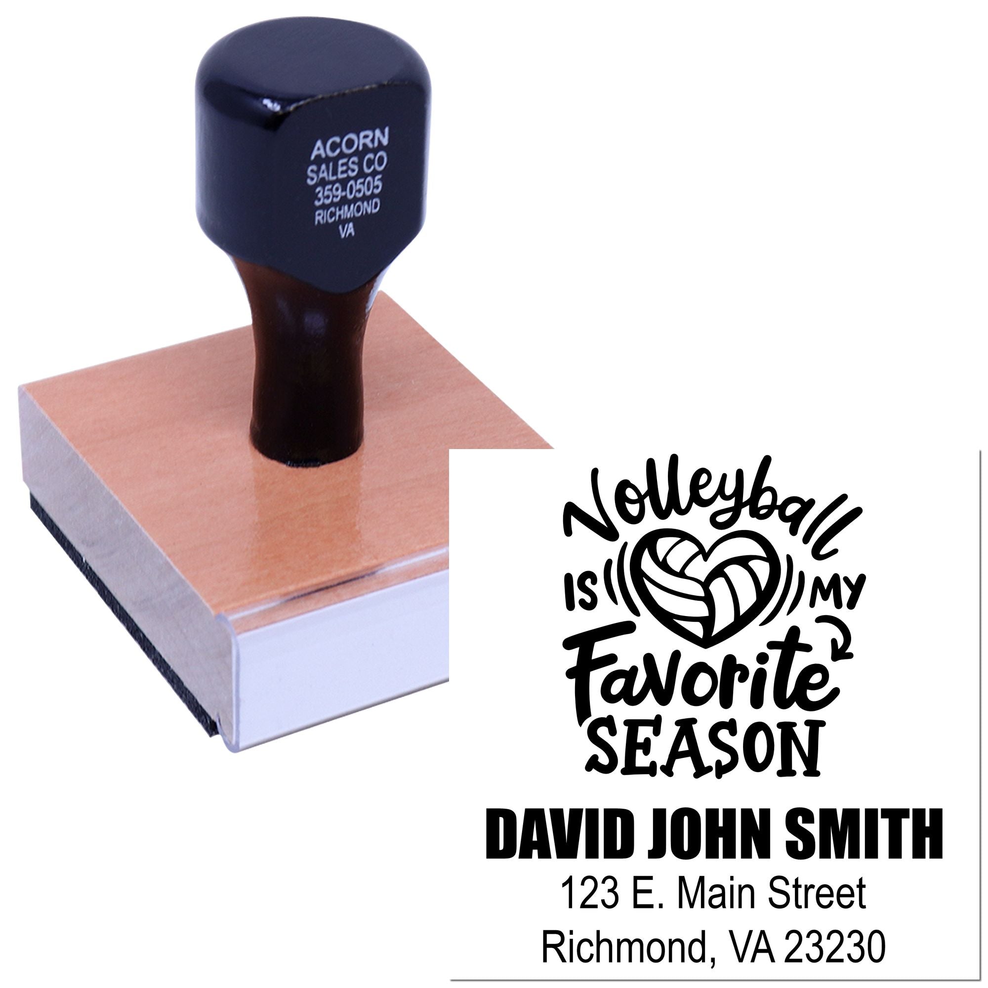 Custom rubber stamp with volleyball-themed personalized return address design, name, and address imprint.