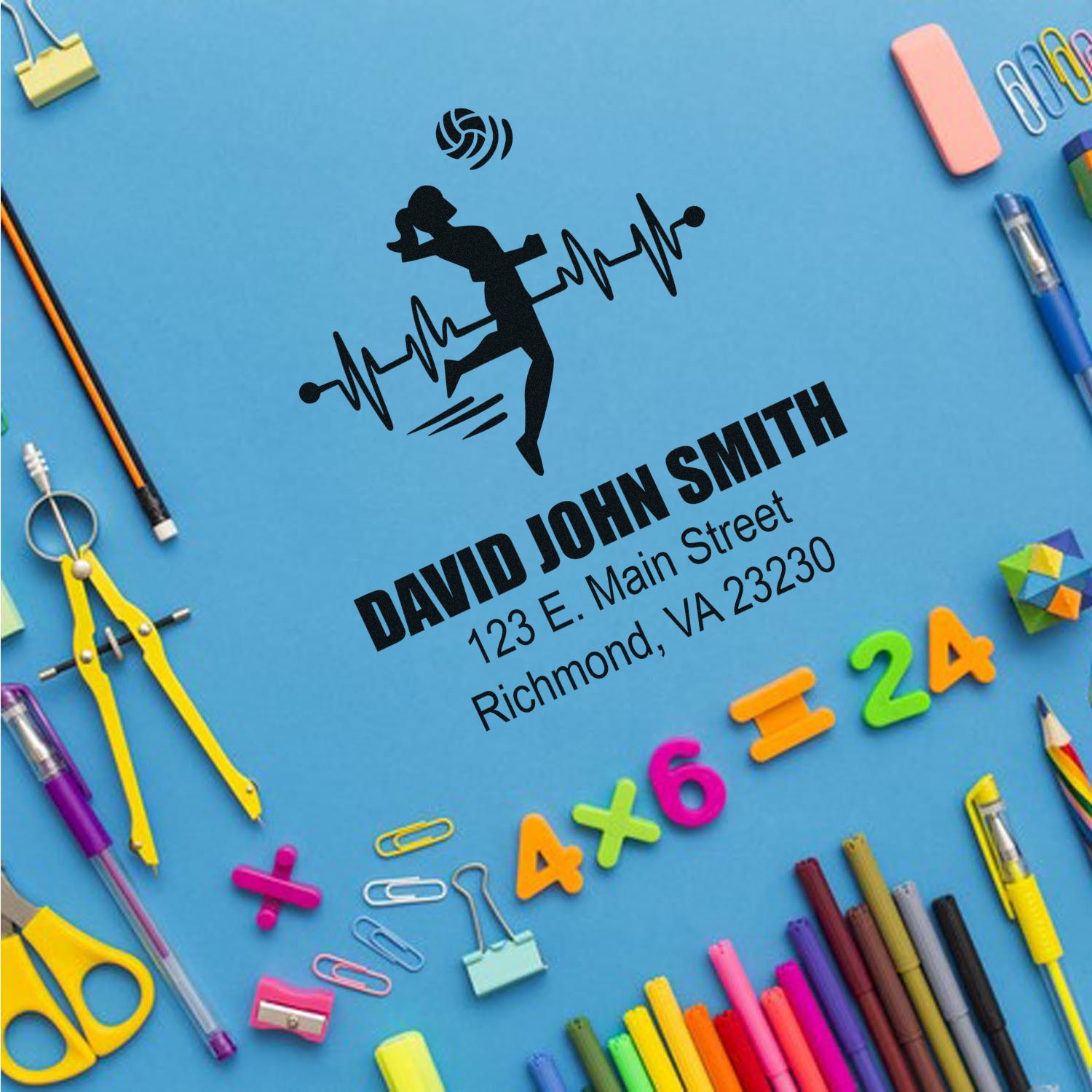 Personalized rubber stamp address imprint with athlete logo for David John Smith
