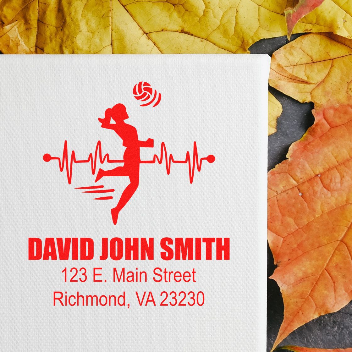 Personalized volleyball rubber stamp with name and Richmond, VA return address for custom mailing and branding.