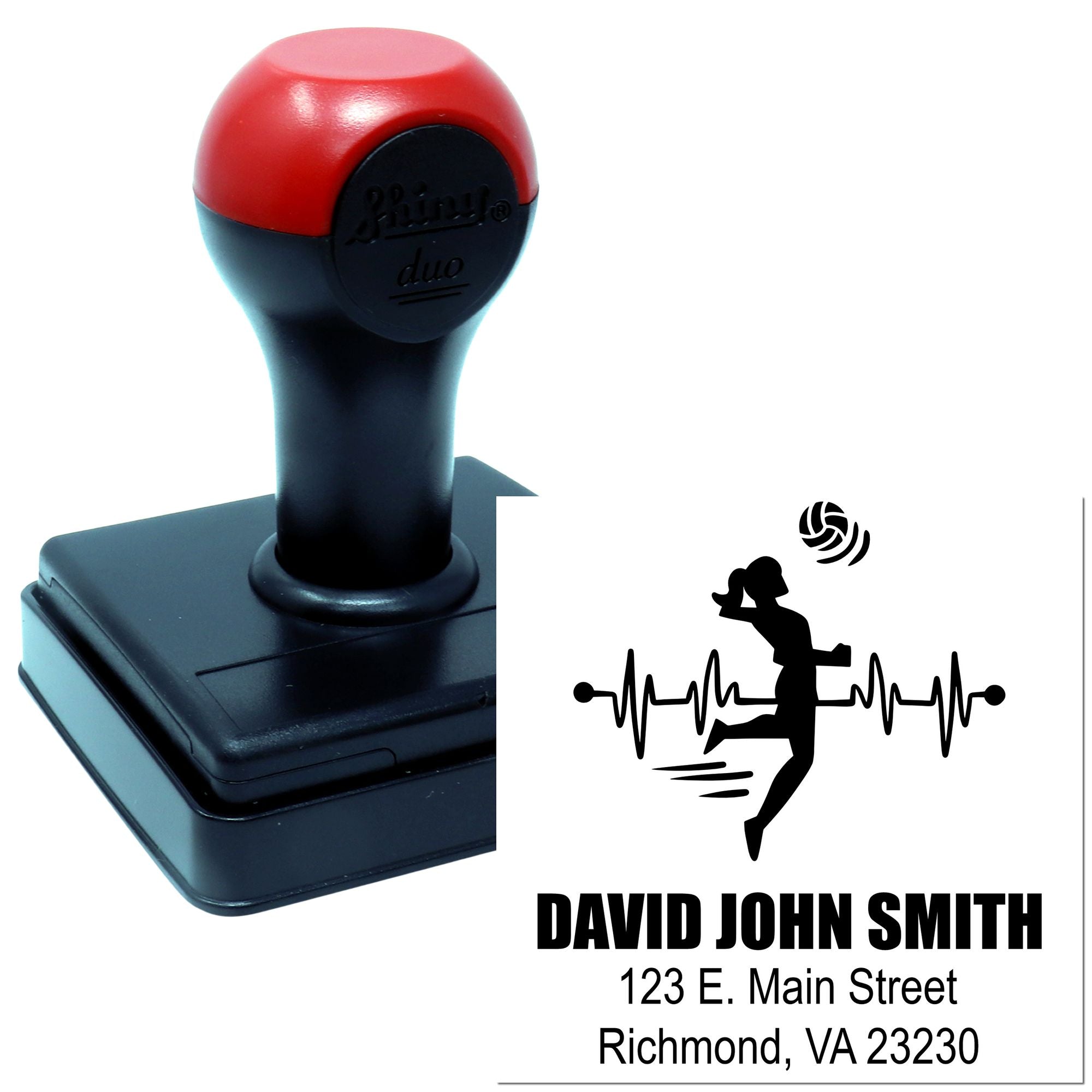 Custom self-inking address stamp with volleyball player logo, name, and address for sports teams and clubs.