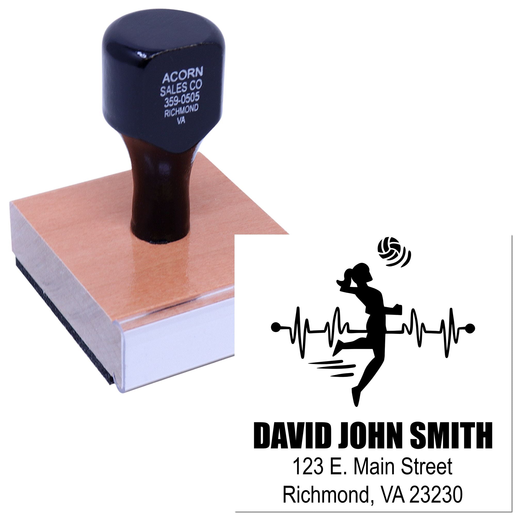 Custom volleyball return address rubber stamp with athlete silhouette, personalized name, and Richmond, VA address.