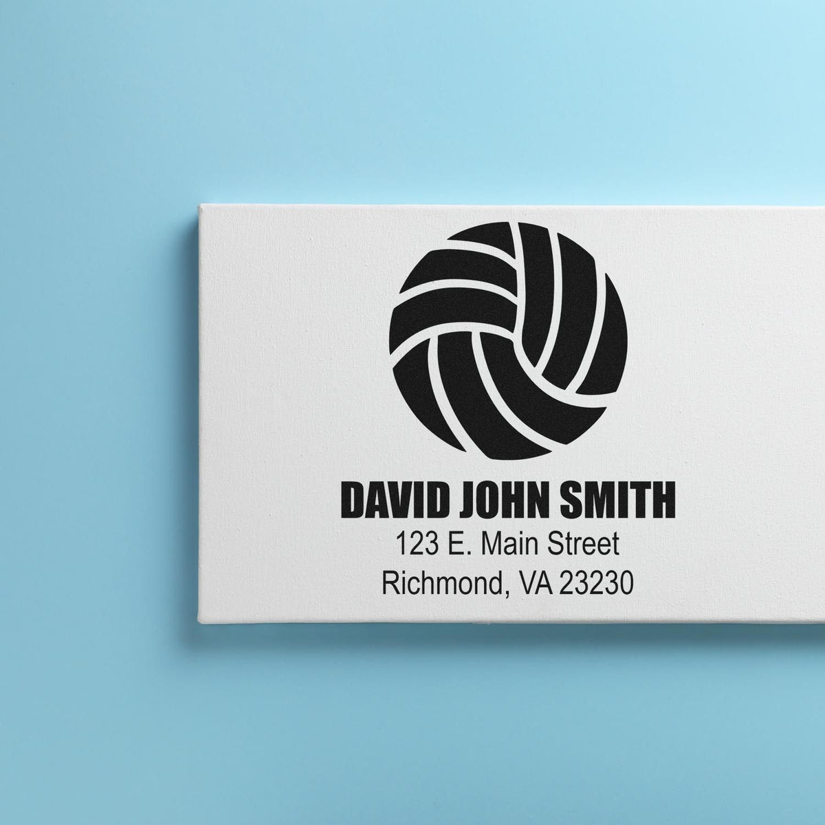 Personalized volleyball logo address stamp with name, street address, and Richmond, VA return address