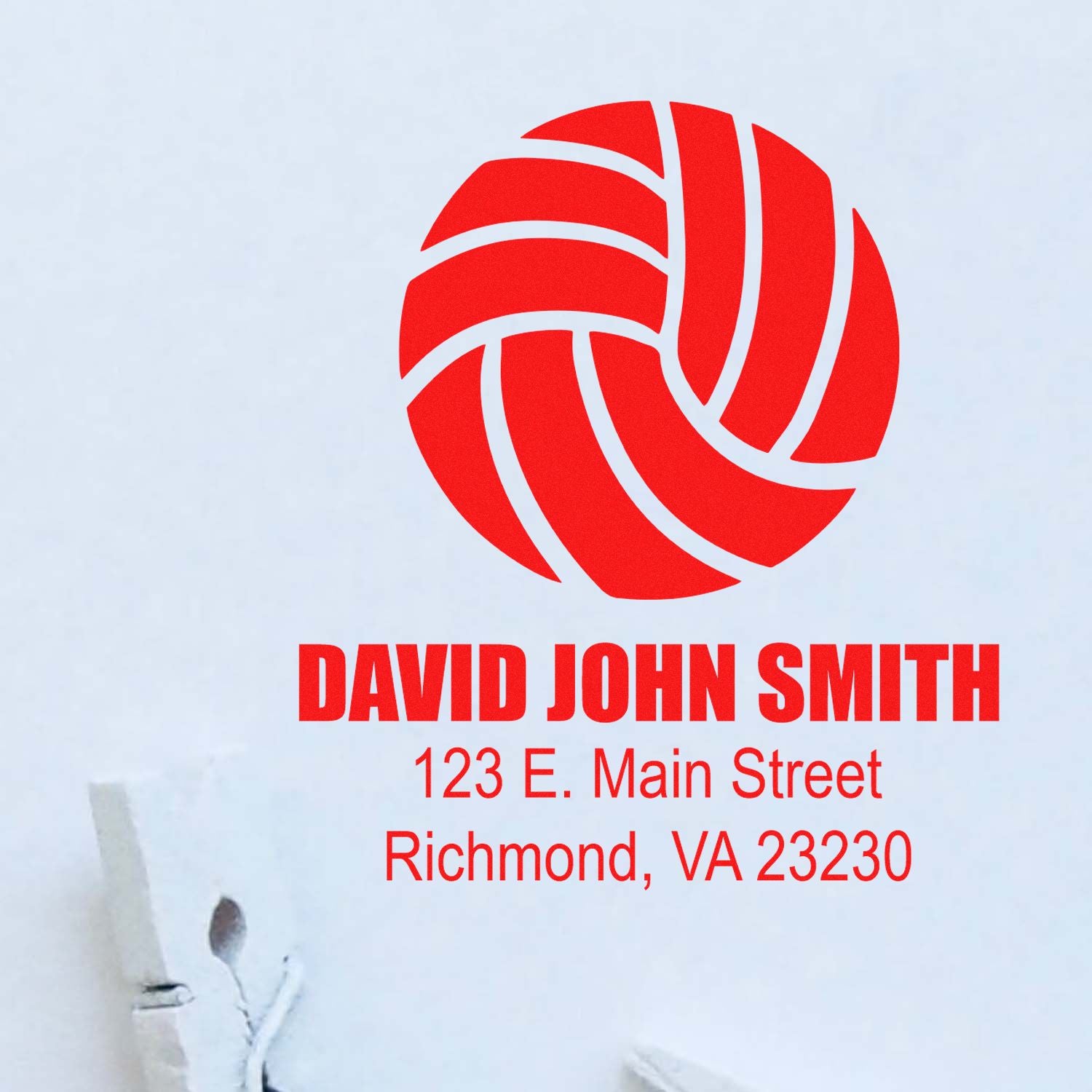 Personalized volleyball return address rubber stamp for David John Smith, Richmond, VA 23230.