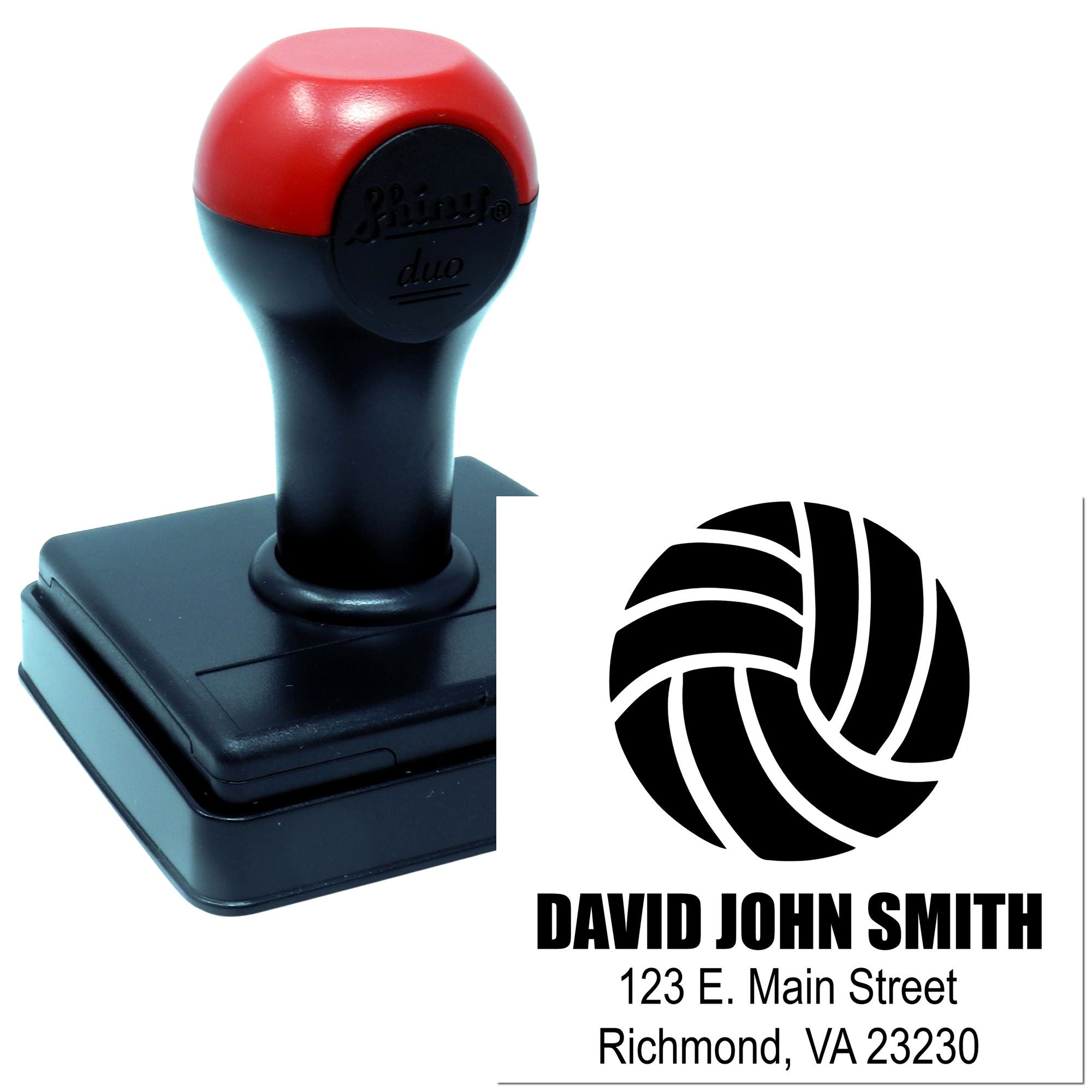 Custom self-inking rubber stamp with logo and return address, ideal for business mailing and branding.