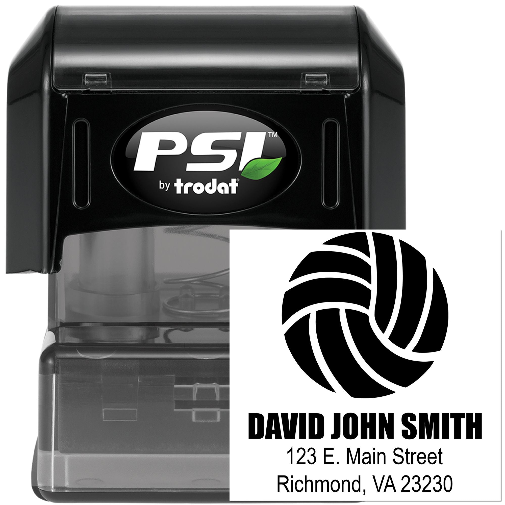 Custom self-inking rubber stamp by PSI by Trodat with logo and address imprint for business branding.