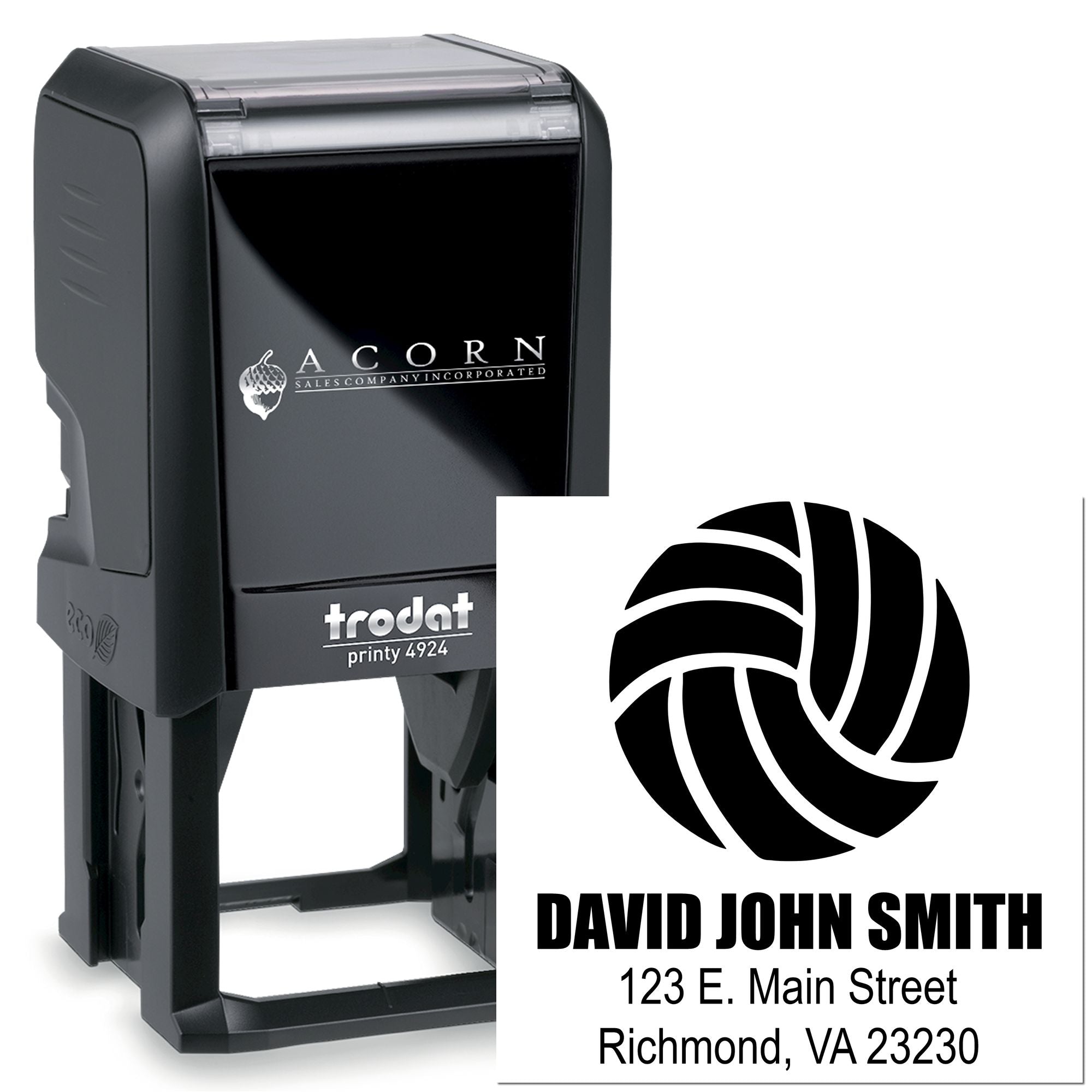 Custom self-inking Trodat Printy 4924 rubber stamp with logo and address for business branding.