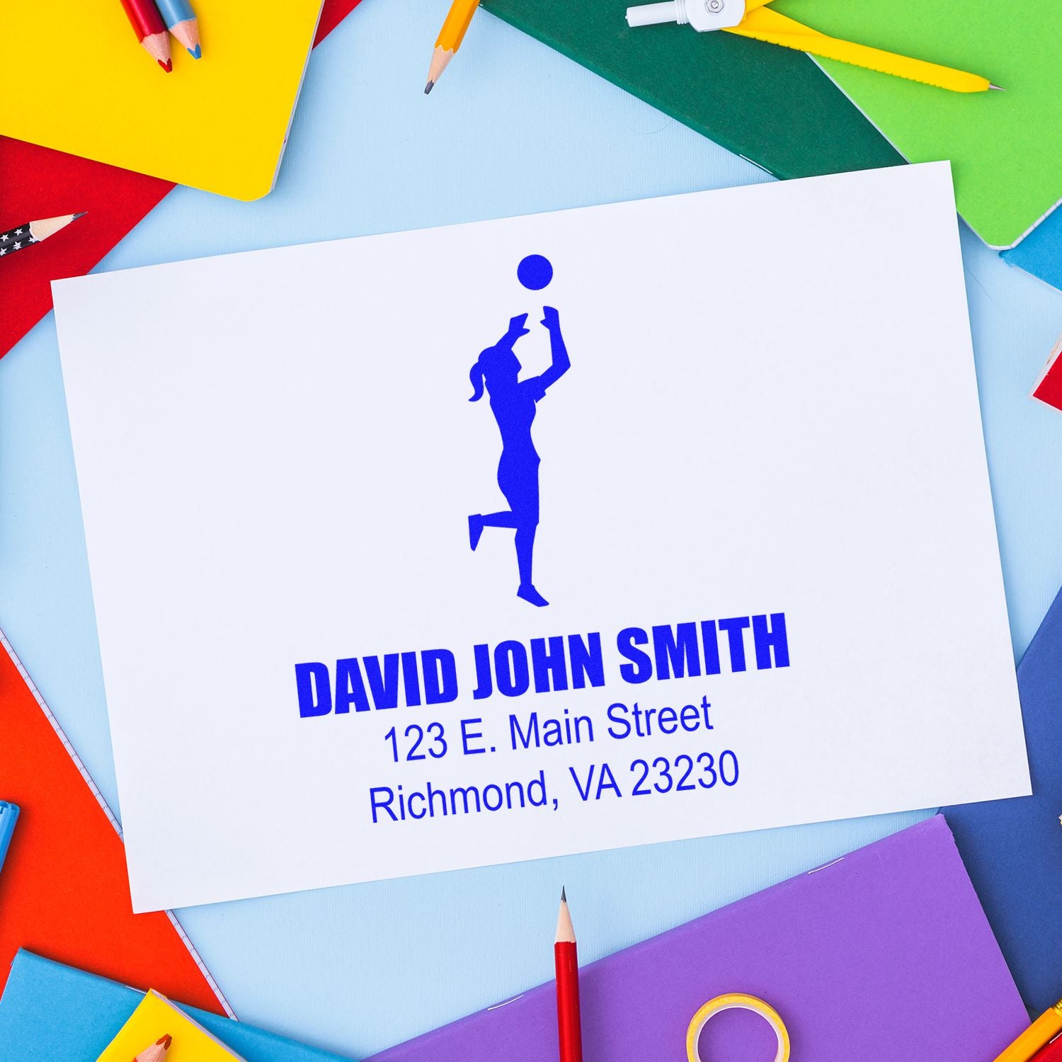 Custom rubber return address stamp with name, street address, and sports silhouette for personalized mail.