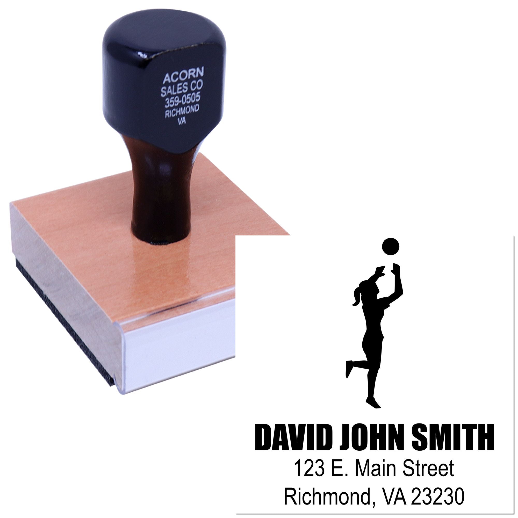 Custom rubber stamp with athlete silhouette, name, and address for personalized mailing and branding.