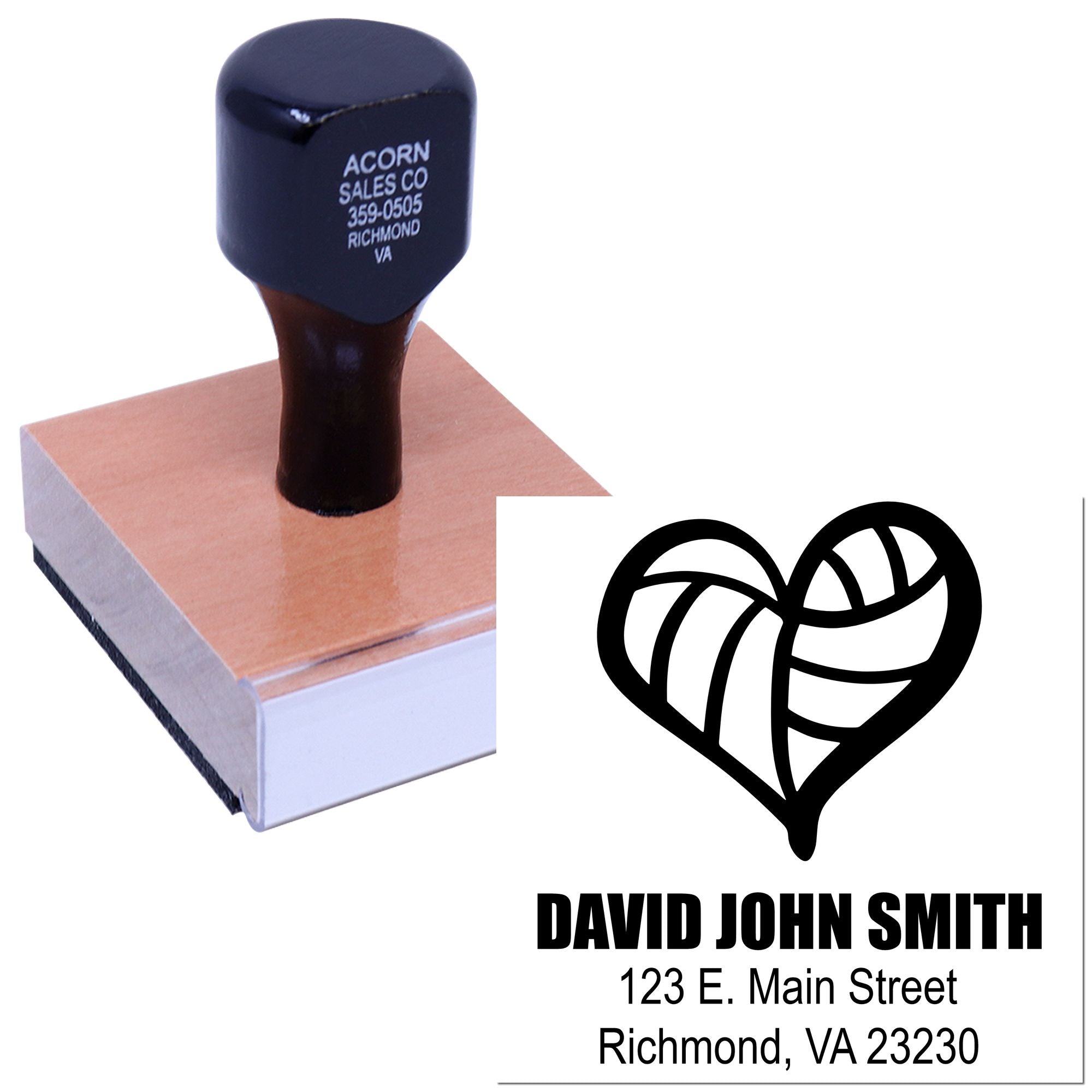 Personalized rubber stamp with logo, name, and address for business mailing and branding.