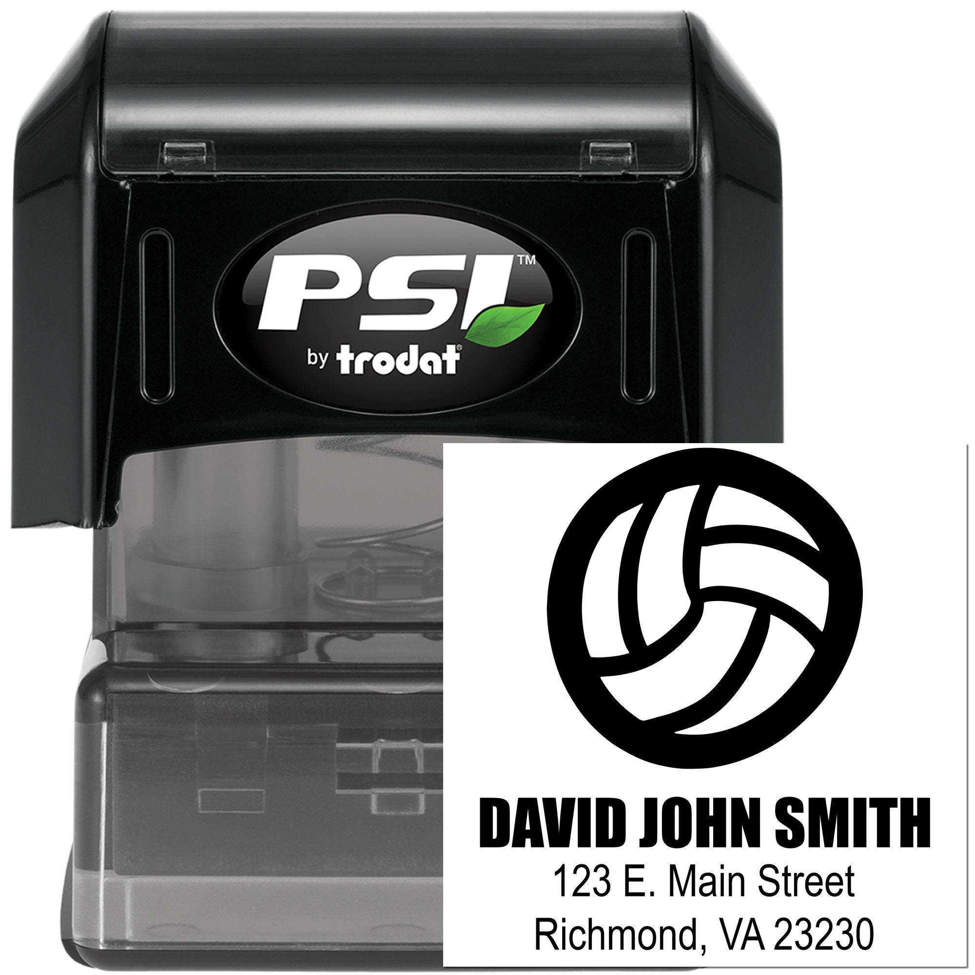 PSI Trodat self-inking rubber stamp with custom logo and address imprint for business branding.
