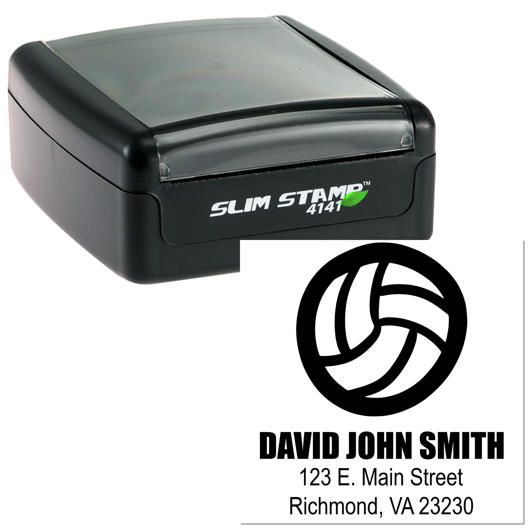 Custom self-inking rubber stamp with logo, name, and address for business branding and mailing labels