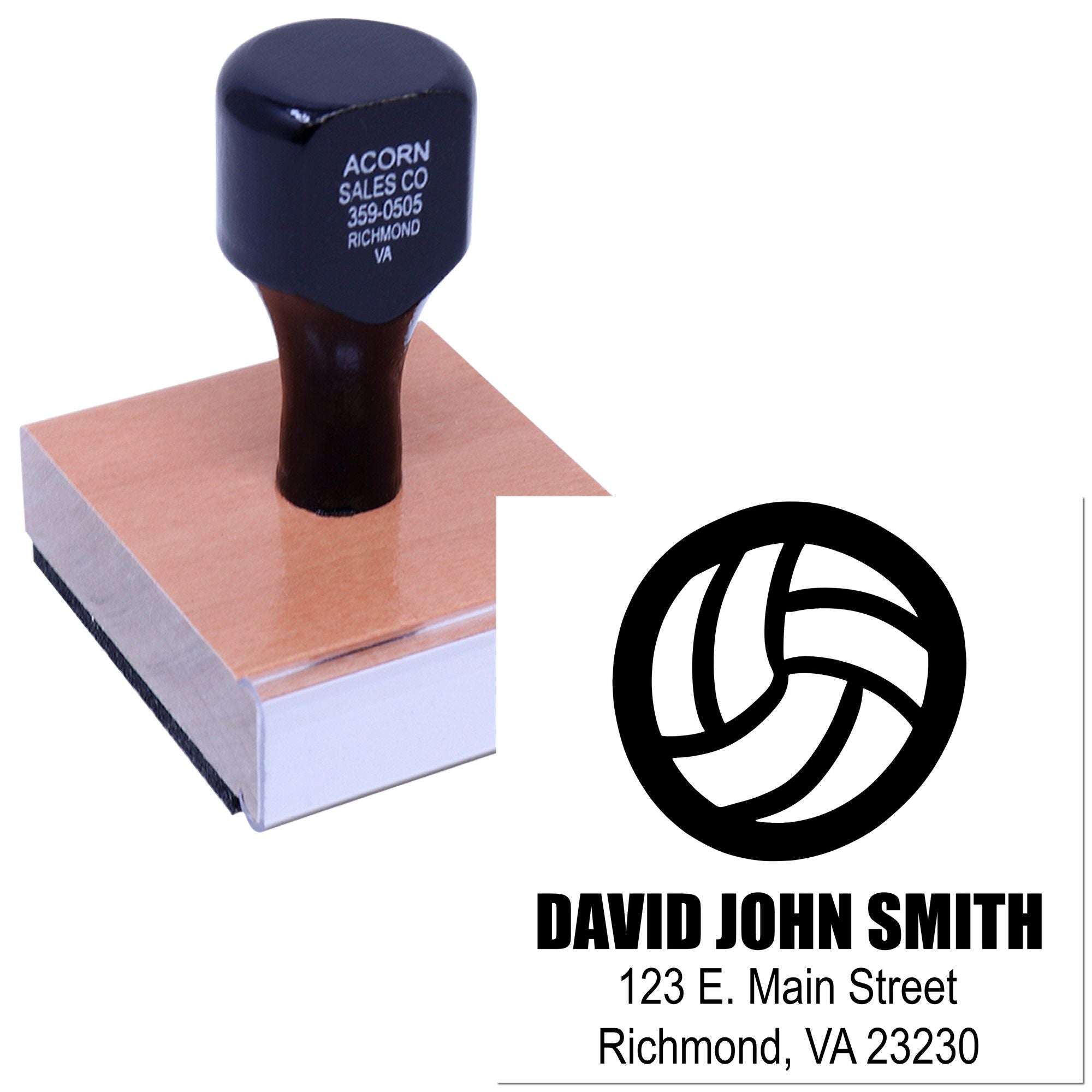 Custom rubber stamp with logo, name, and Richmond, VA return address for business mail.