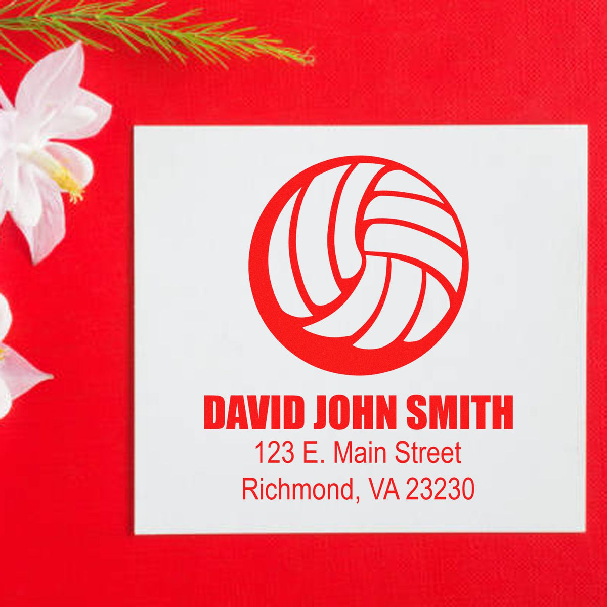 Custom rubber address stamp with logo for David John Smith, 123 E. Main Street, Richmond, VA 23230